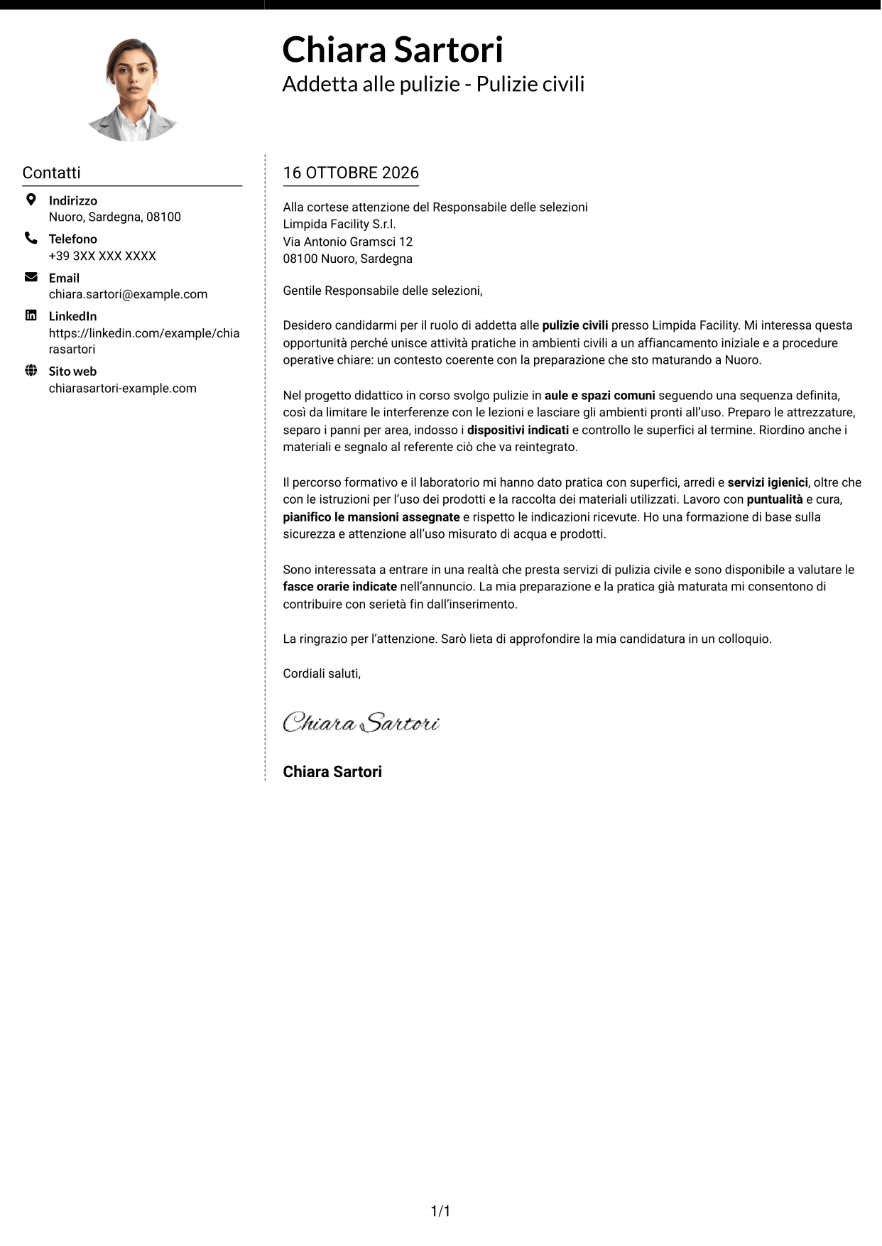 Lettera di presentazione Moderno (formato a due colonne con foto a sinistra e separatore): Addetta alle pulizie - Pulizie civili, pagina 1