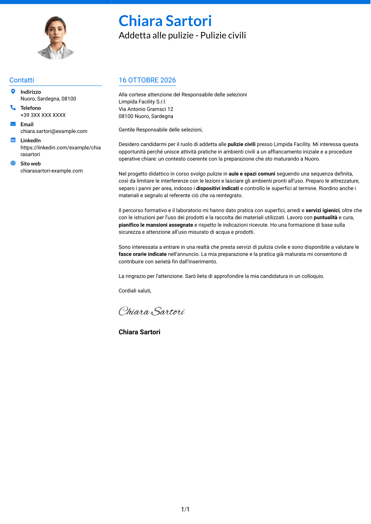 Lettera di presentazione Audace (formato a due colonne con accenti colorati e foto): Addetta alle pulizie - Pulizie civili, pagina 1