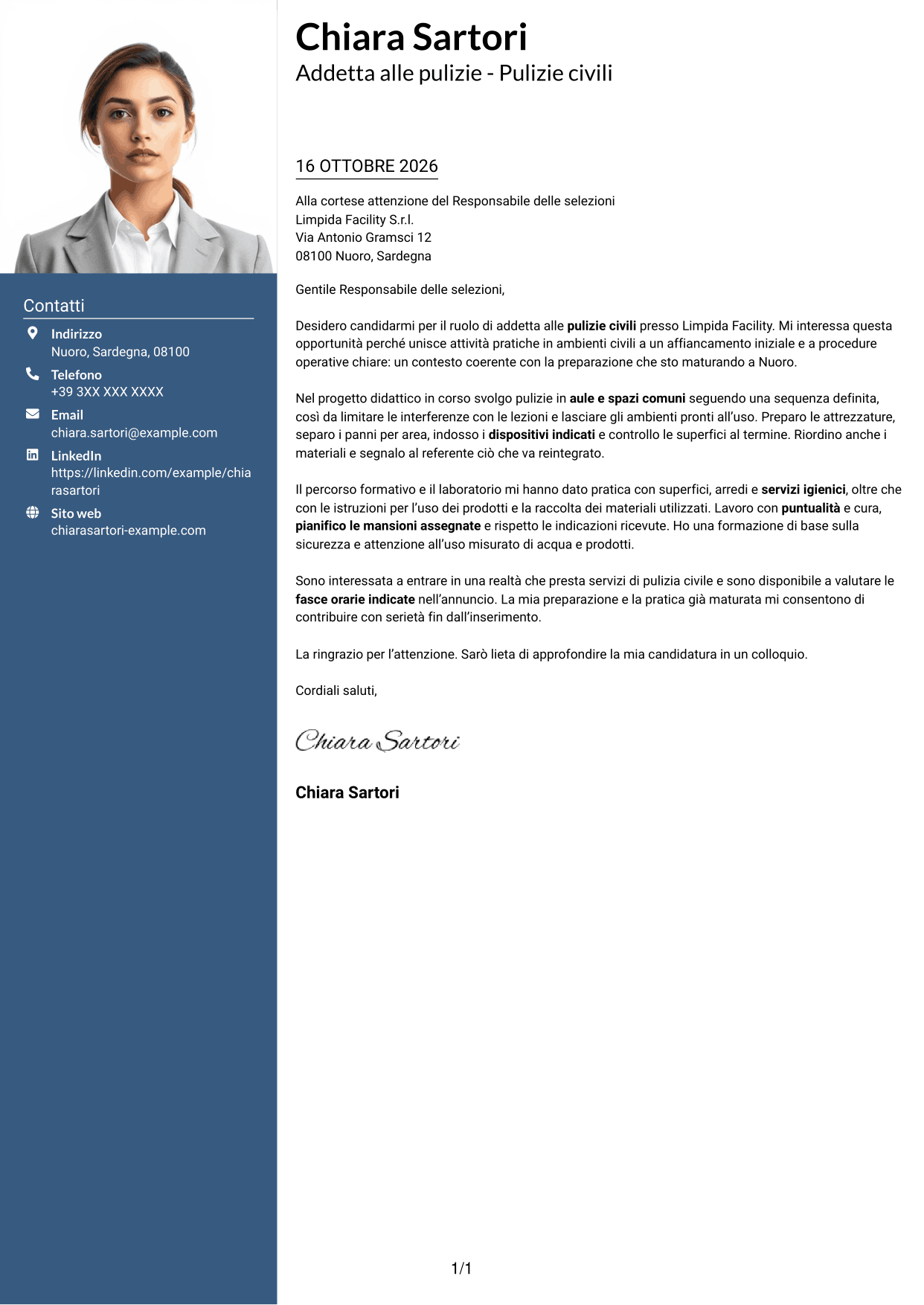 Lettera di presentazione Signature (formato con colonna laterale colorata e foto grande): Addetta alle pulizie - Pulizie civili, pagina 1
