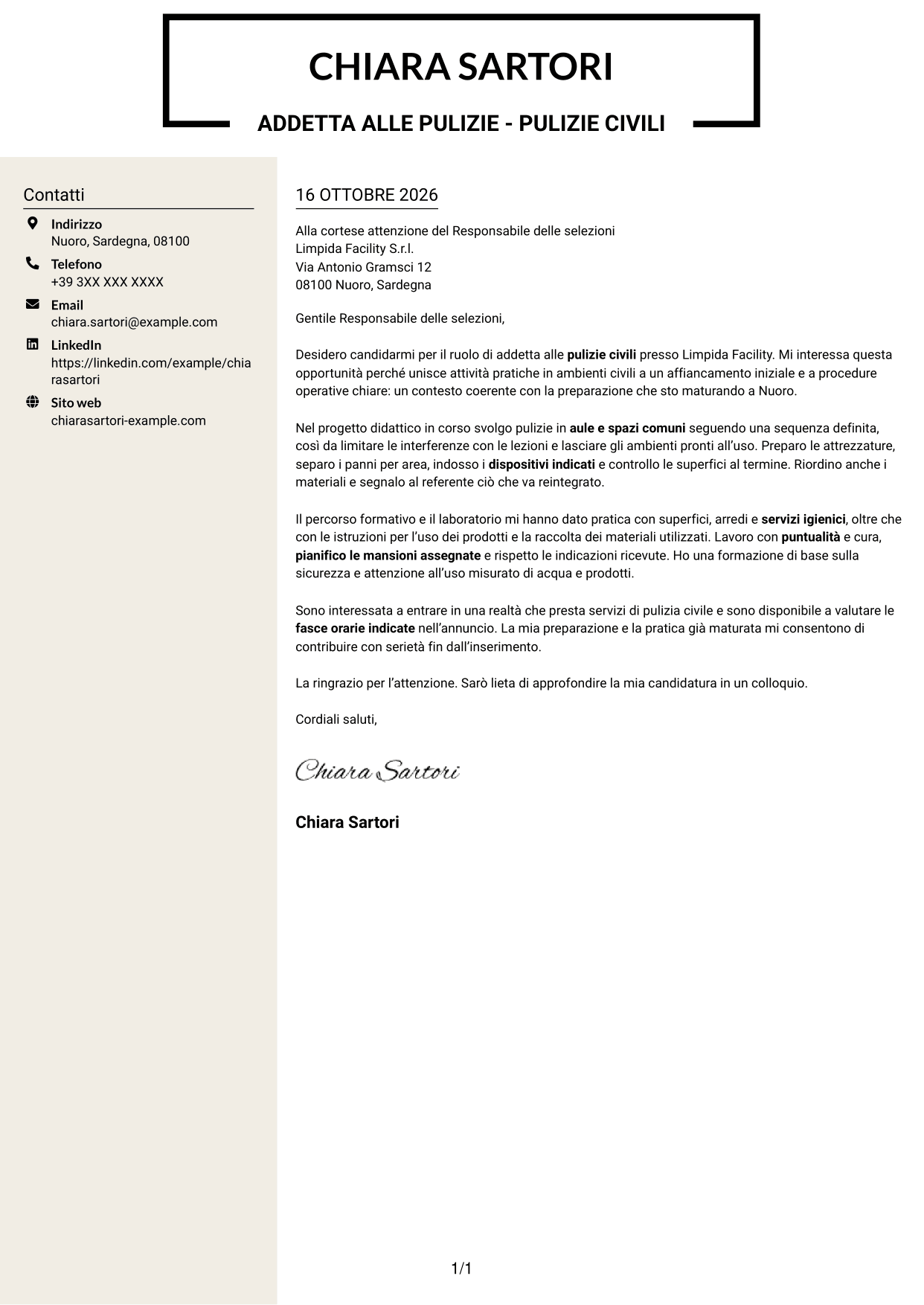 Lettera di presentazione Intraprendente (formato a due colonne con intestazione centrata senza foto): Addetta alle pulizie - Pulizie civili, pagina 1