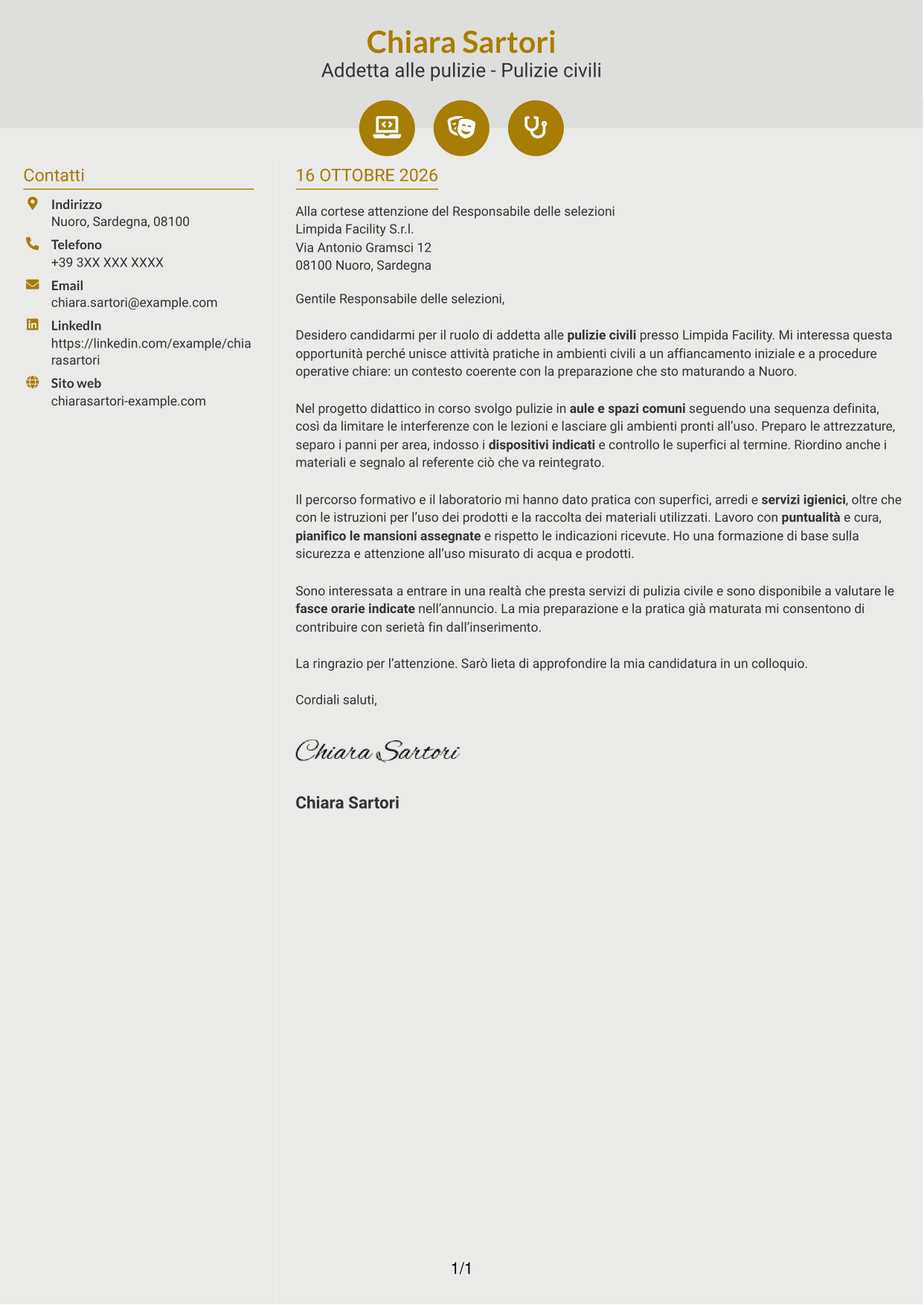 Lettera di presentazione Dinamico (formato a due colonne con icone): Addetta alle pulizie - Pulizie civili, pagina 1