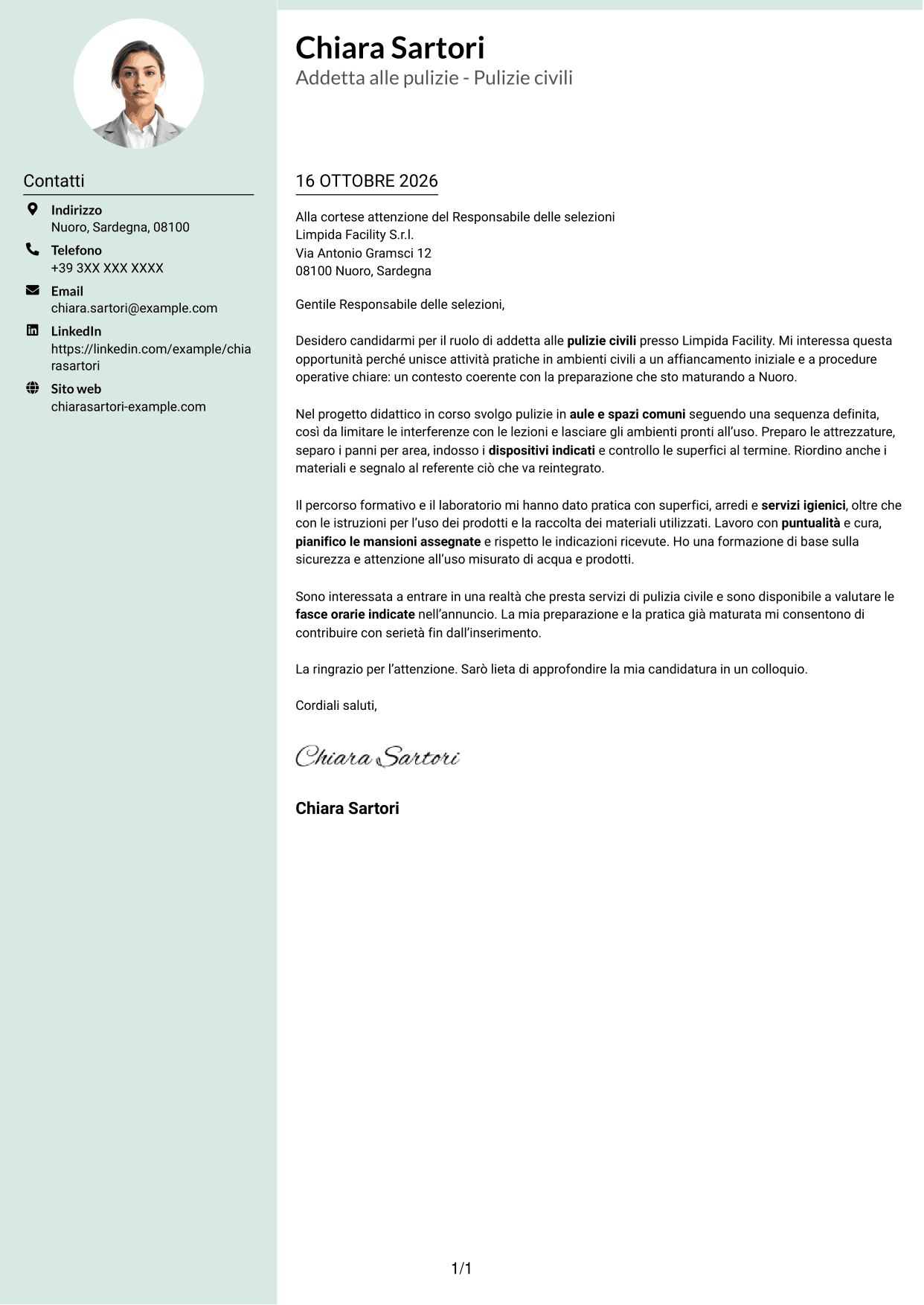 Lettera di presentazione Dirigente (formato con colonna laterale tenue e foto arrotondata): Addetta alle pulizie - Pulizie civili, pagina 1
