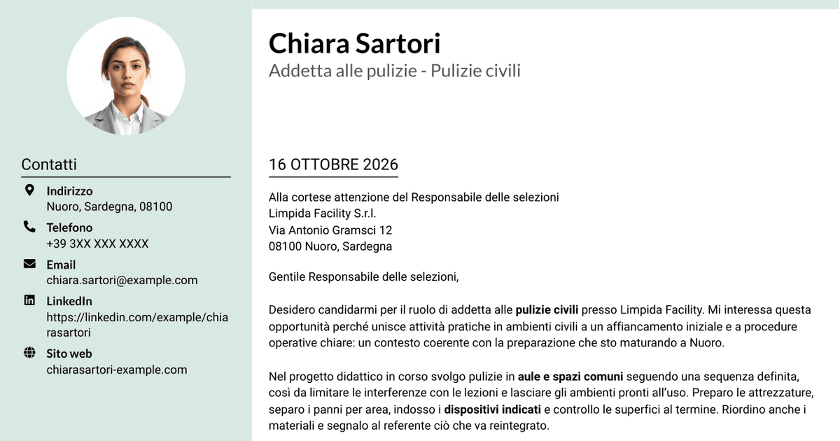 7 modelli di lettera di presentazione per Addetta alle pulizie - Pulizie civili, con esempi