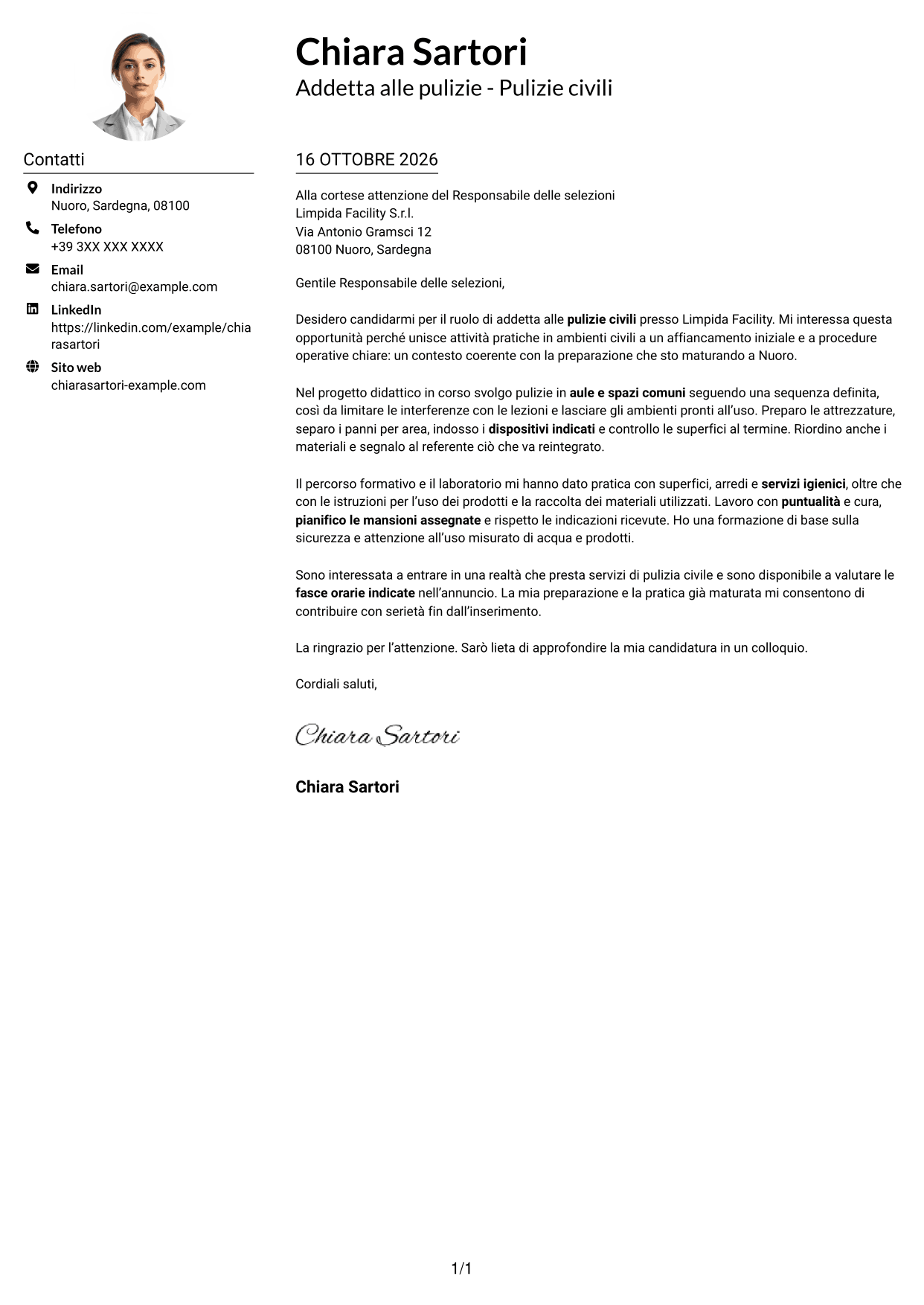 Esempio di lettera di presentazione — pagina 1