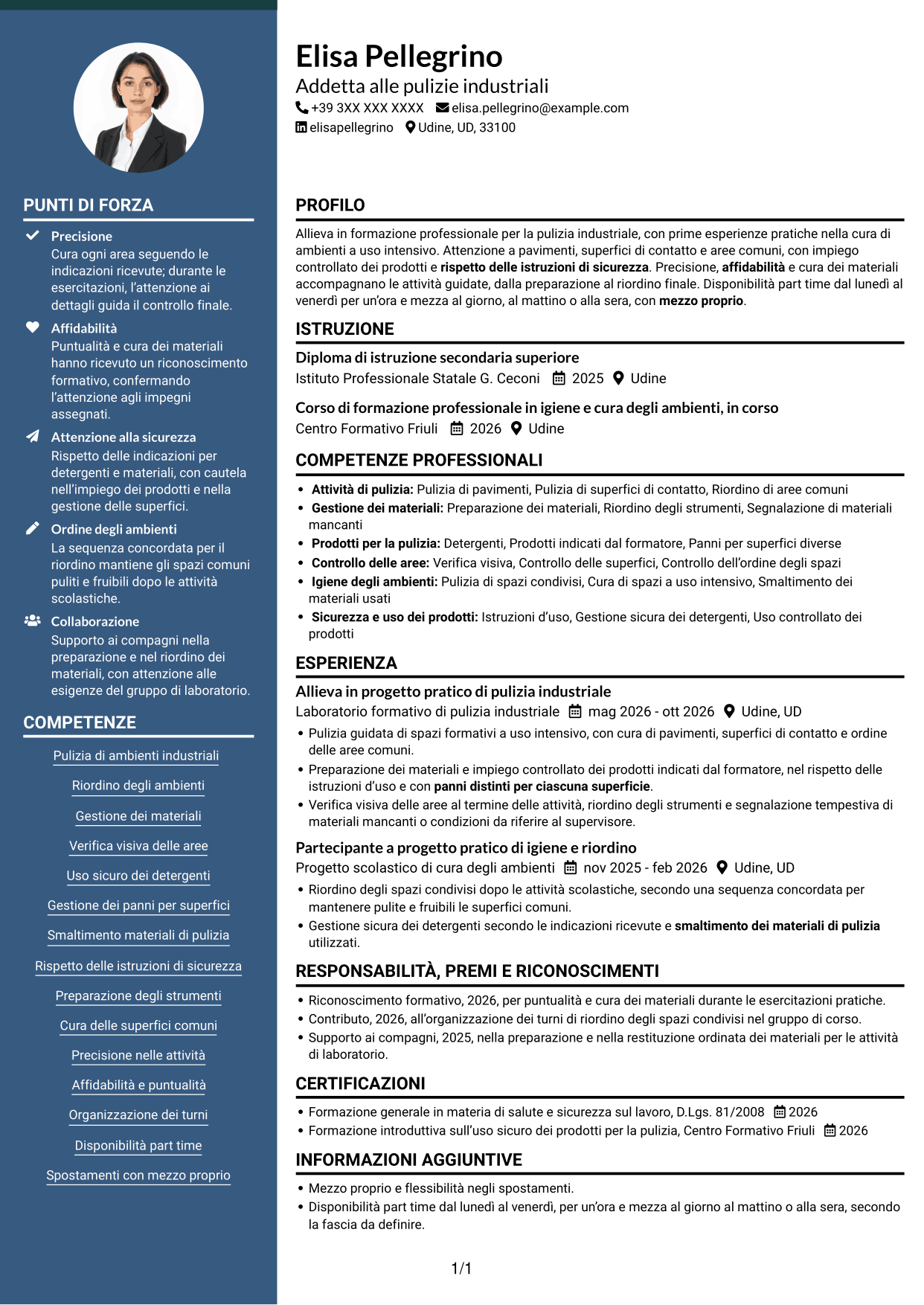 CV Elegante (formato con colonna laterale colorata e foto): Addetto/a alle pulizie industriali, pagina 1