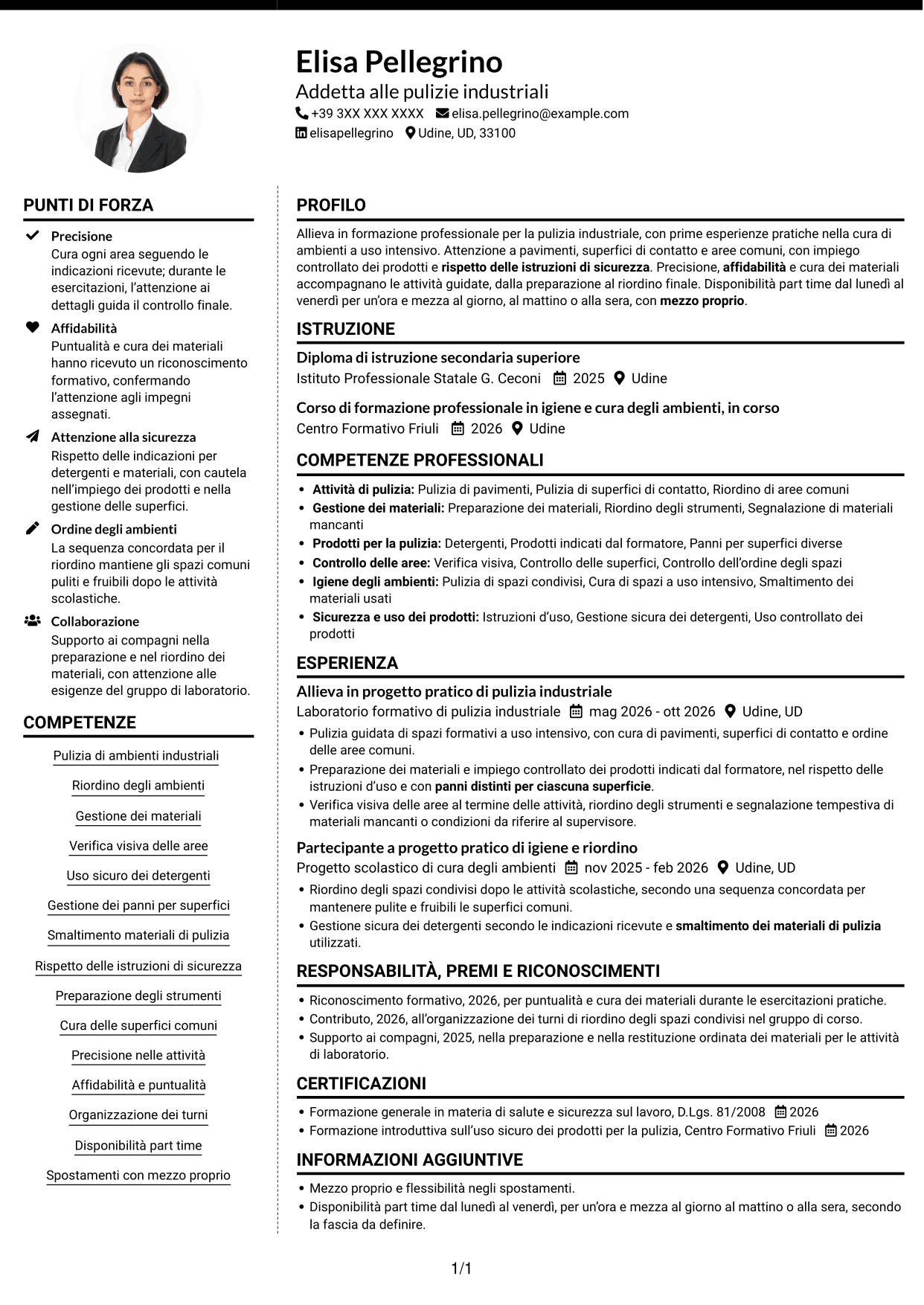 CV Moderno (formato a due colonne con foto a sinistra e separatore): Addetto/a alle pulizie industriali, pagina 1