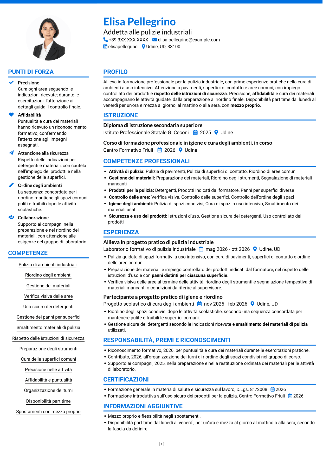 CV Audace (formato a due colonne con accenti colorati e foto): Addetto/a alle pulizie industriali, pagina 1