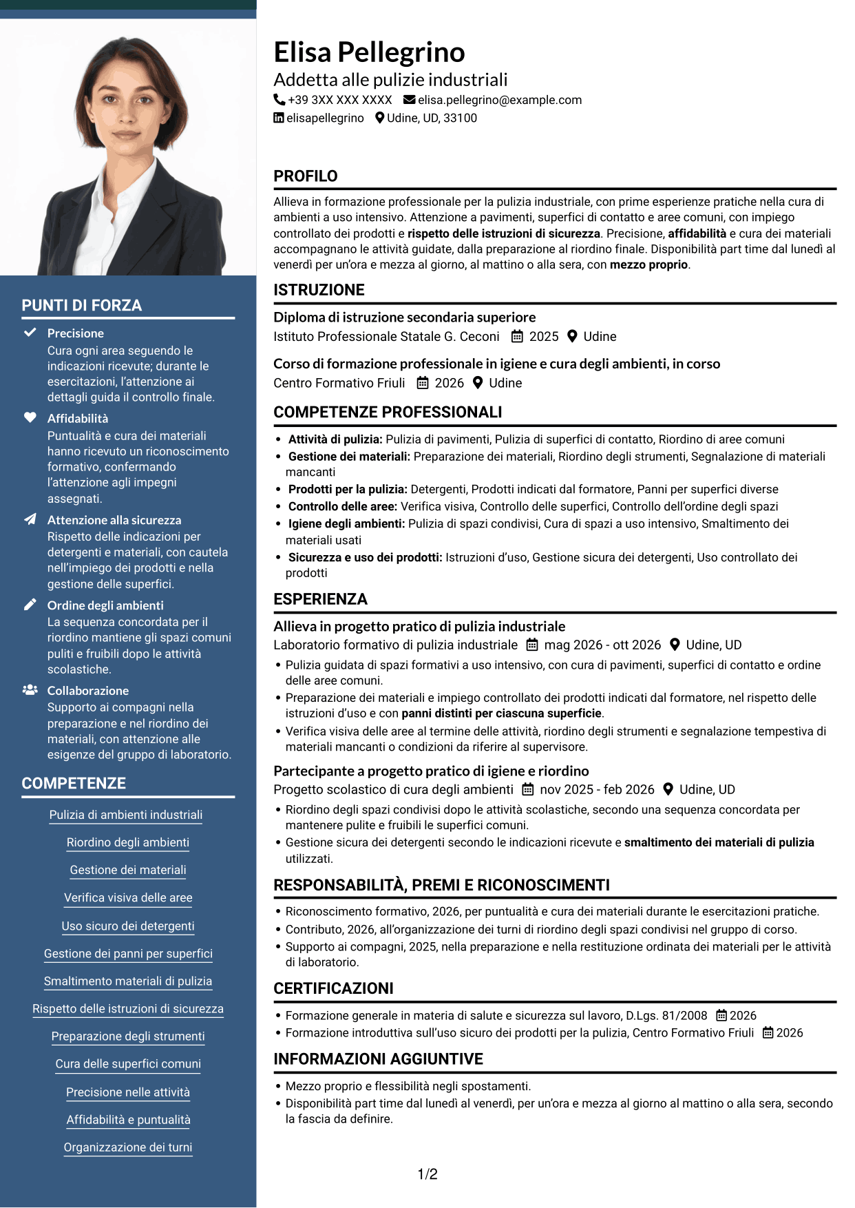 CV Signature (formato con colonna laterale colorata e foto grande): Addetto/a alle pulizie industriali, pagina 1