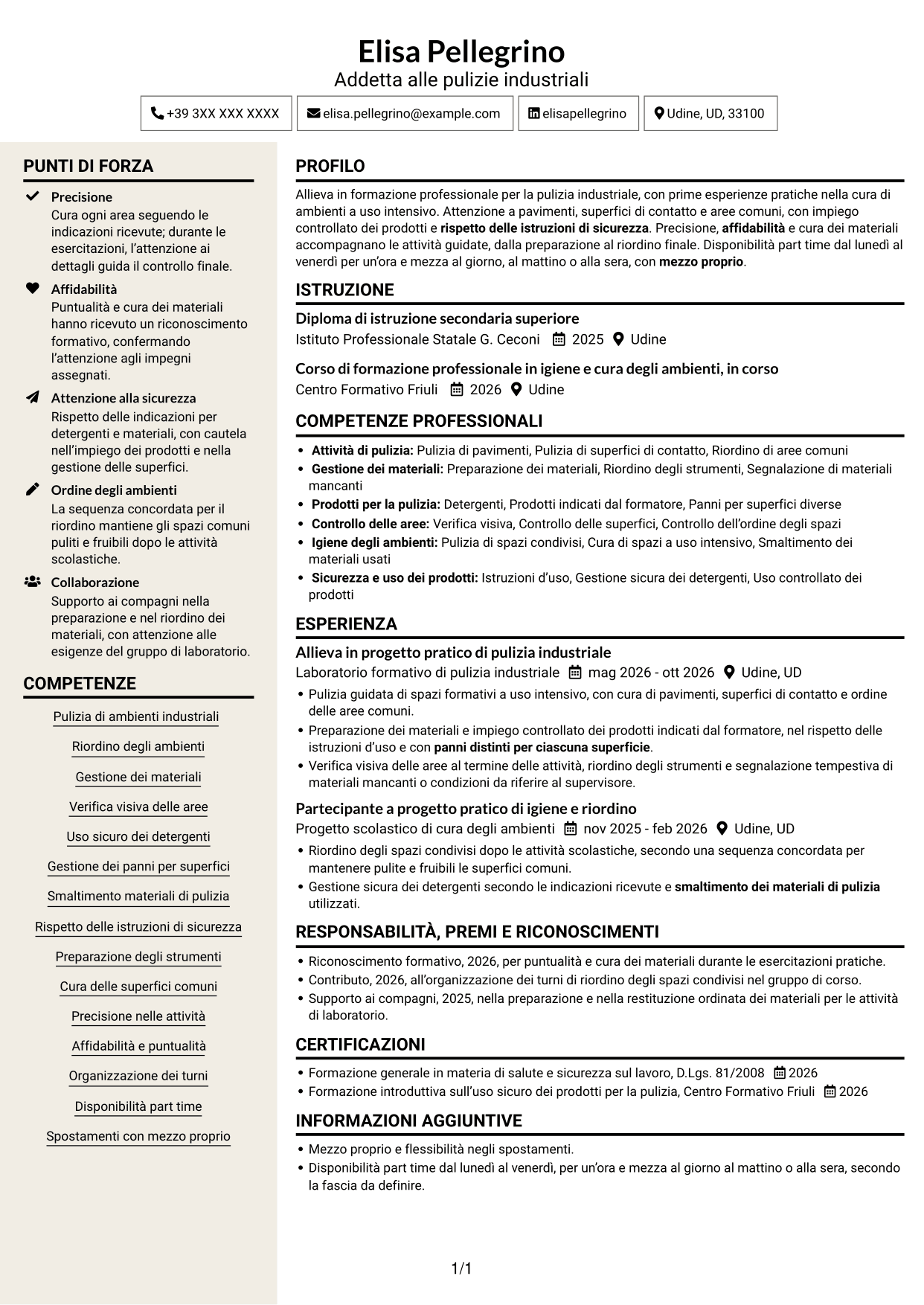 CV Intraprendente (formato a due colonne con intestazione centrata senza foto): Addetto/a alle pulizie industriali, pagina 1