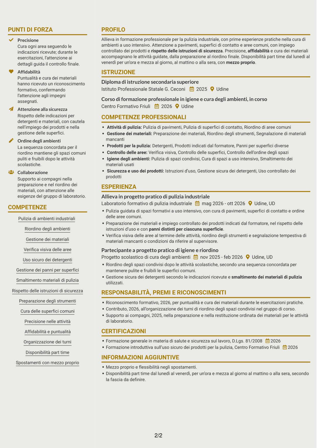 CV Dinamico (formato a due colonne con icone): Addetto/a alle pulizie industriali, pagina 2