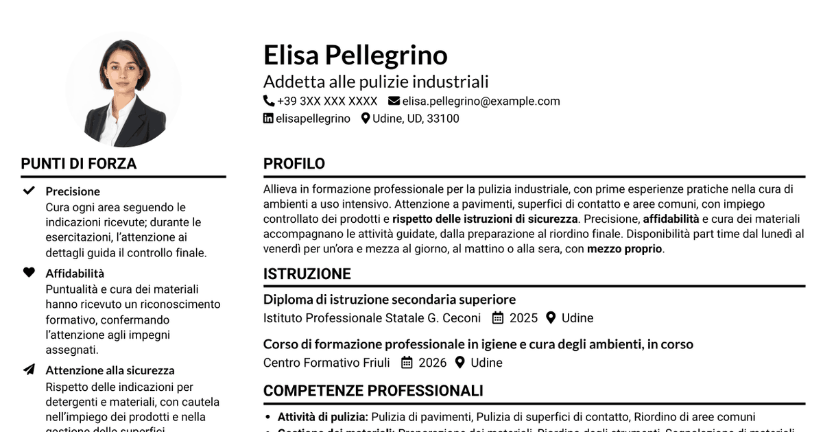 7 modelli di CV per Addetto/a alle pulizie industriali, con esempi