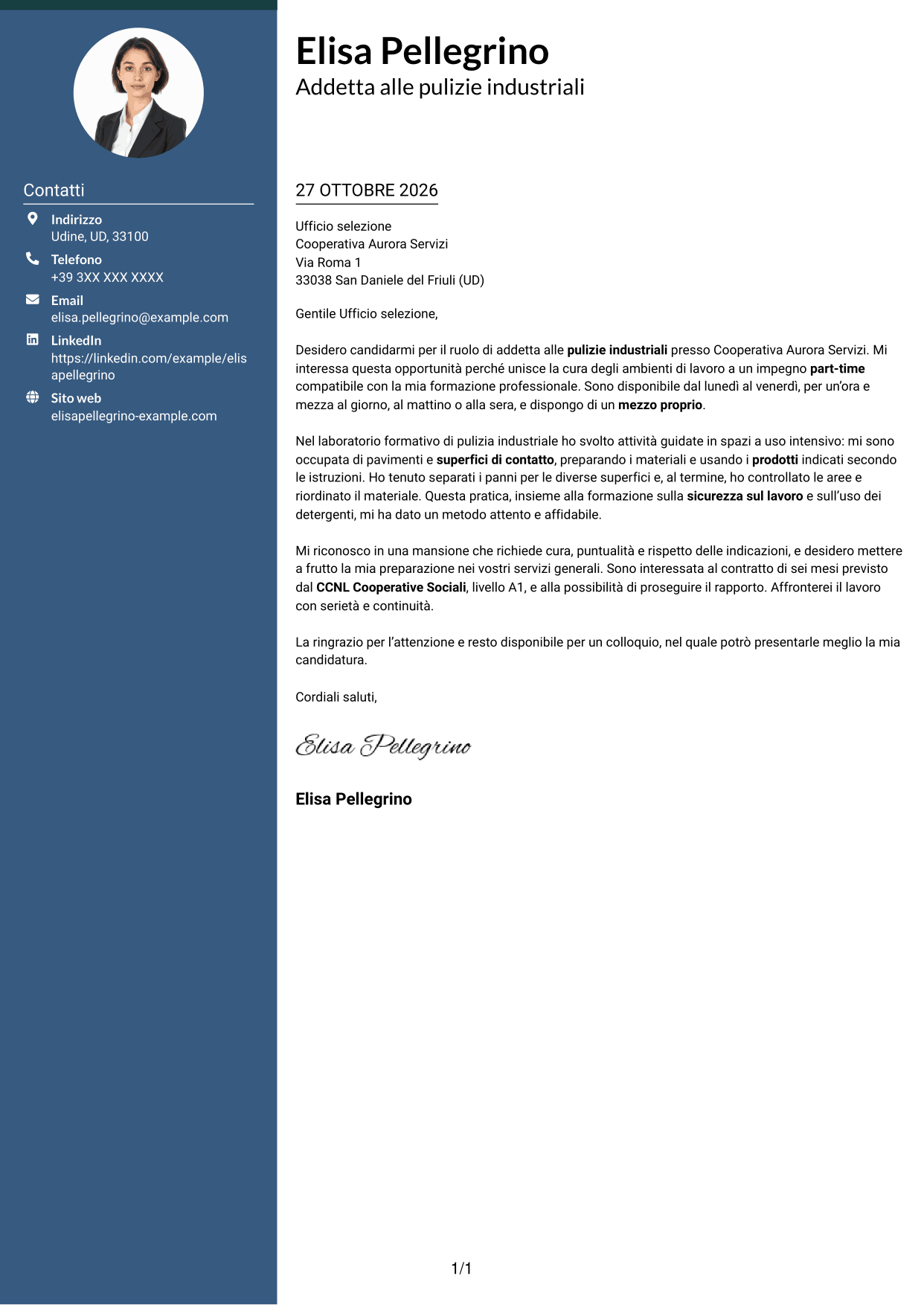 Lettera di presentazione Elegante (formato con colonna laterale colorata e foto): Addetto/a alle pulizie industriali, pagina 1