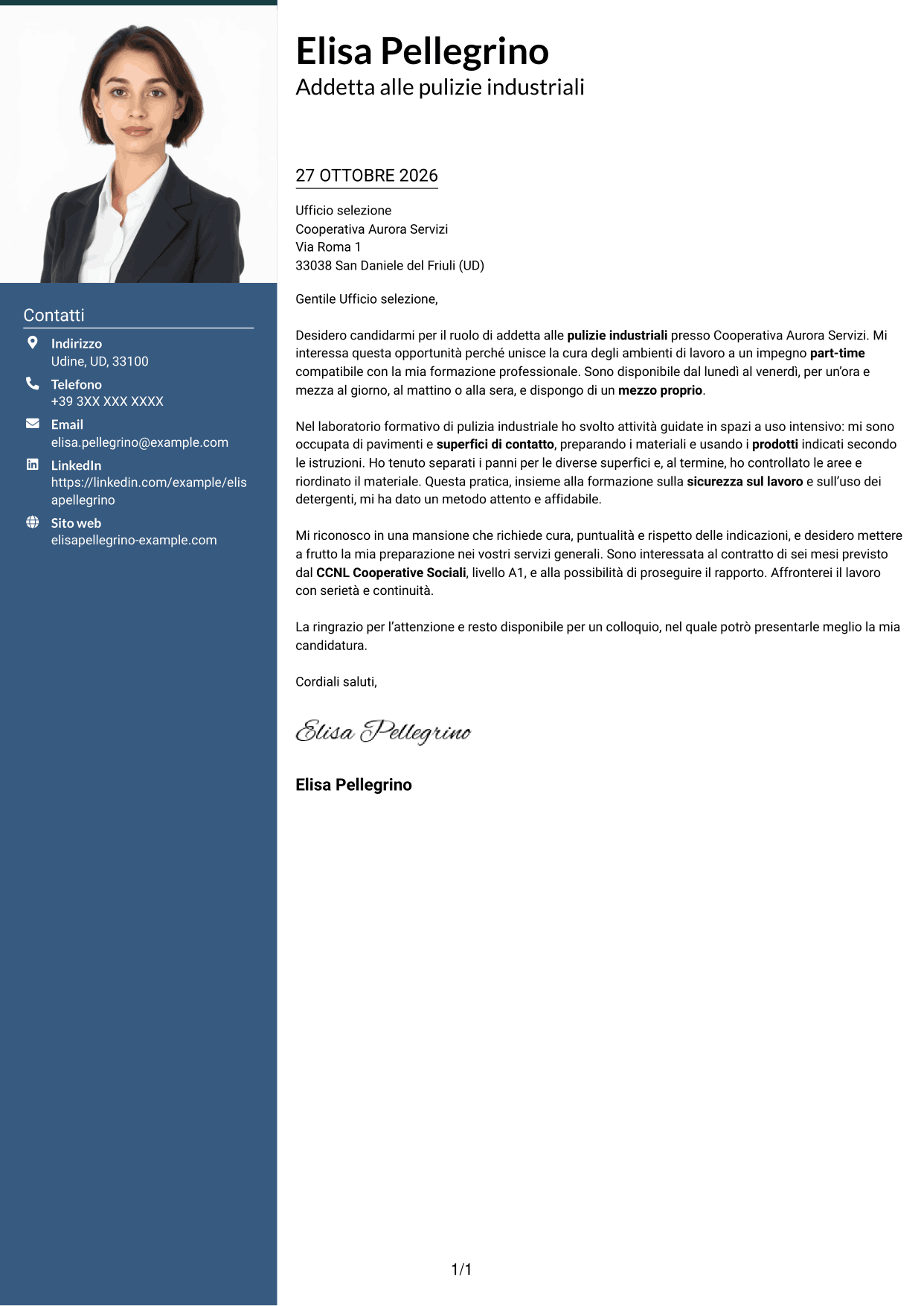 Lettera di presentazione Signature (formato con colonna laterale colorata e foto grande): Addetto/a alle pulizie industriali, pagina 1