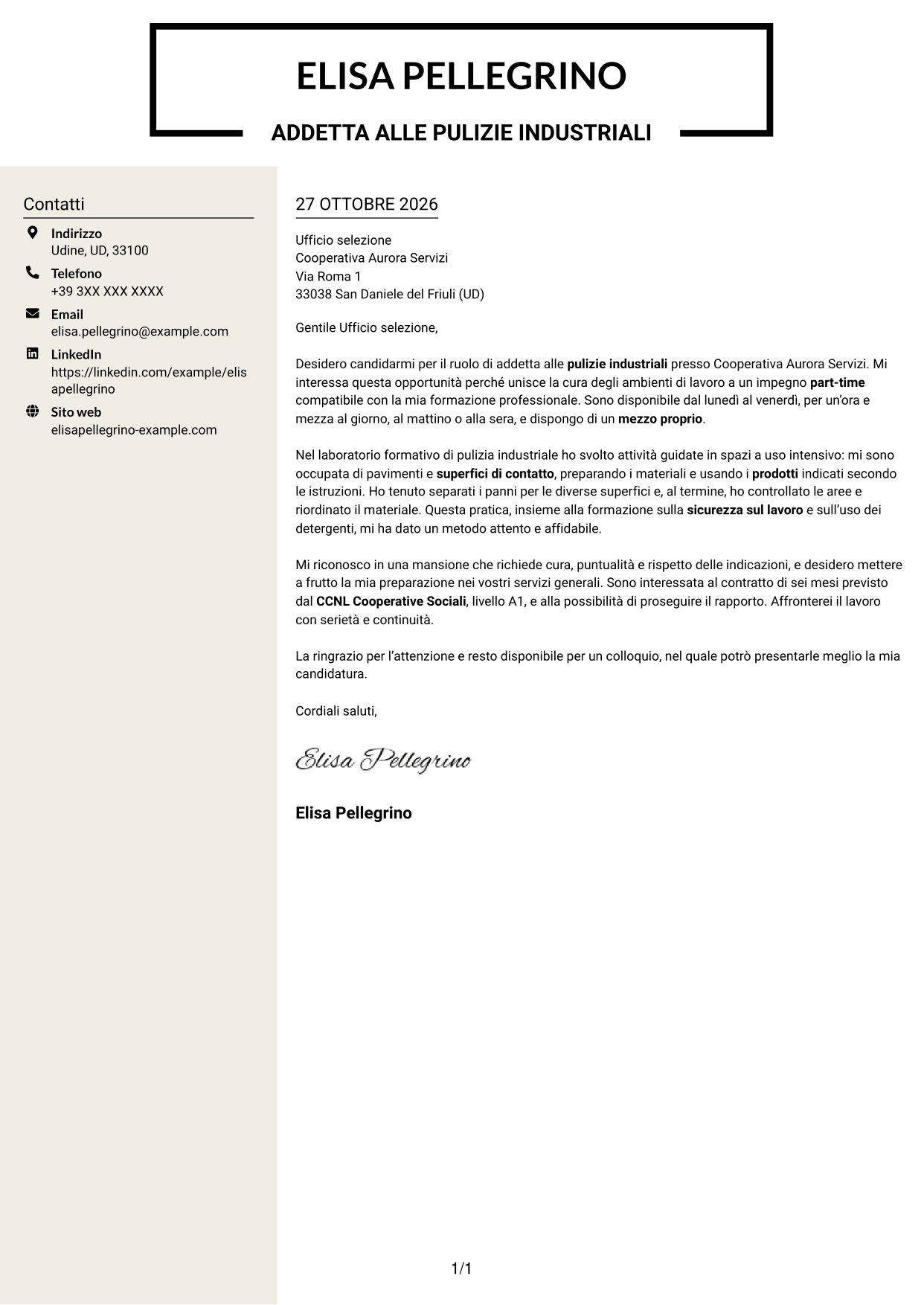 Lettera di presentazione Intraprendente (formato a due colonne con intestazione centrata senza foto): Addetto/a alle pulizie industriali, pagina 1