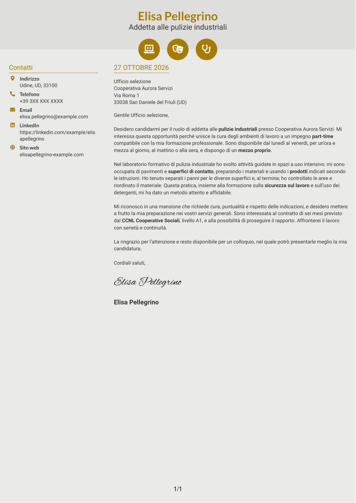 Lettera di presentazione Dinamico (formato a due colonne con icone): Addetto/a alle pulizie industriali, pagina 1
