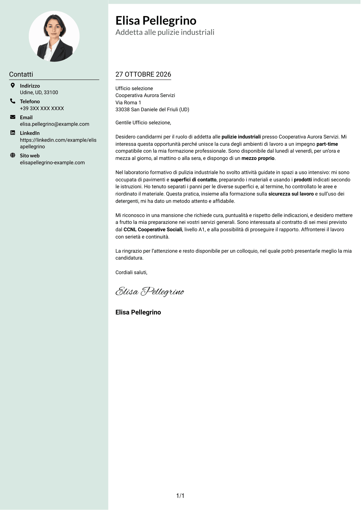 Lettera di presentazione Dirigente (formato con colonna laterale tenue e foto arrotondata): Addetto/a alle pulizie industriali, pagina 1