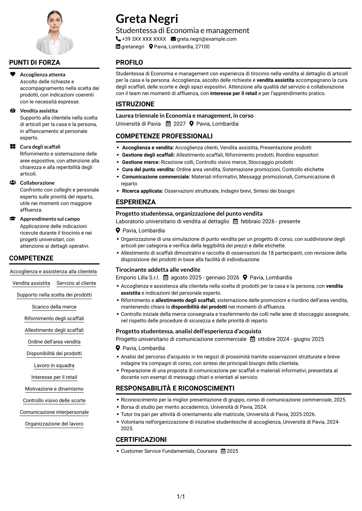 Esempio di curriculum — pagina 1