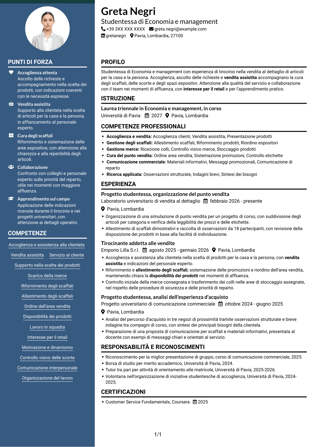 CV Elegante (formato con colonna laterale colorata e foto): Addetto/a alle vendite - Cura della casa e della persona, pagina 1