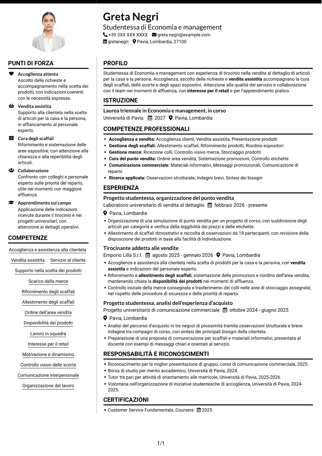 CV Moderno (formato a due colonne con foto a sinistra e separatore): Addetto/a alle vendite - Cura della casa e della persona, pagina 1