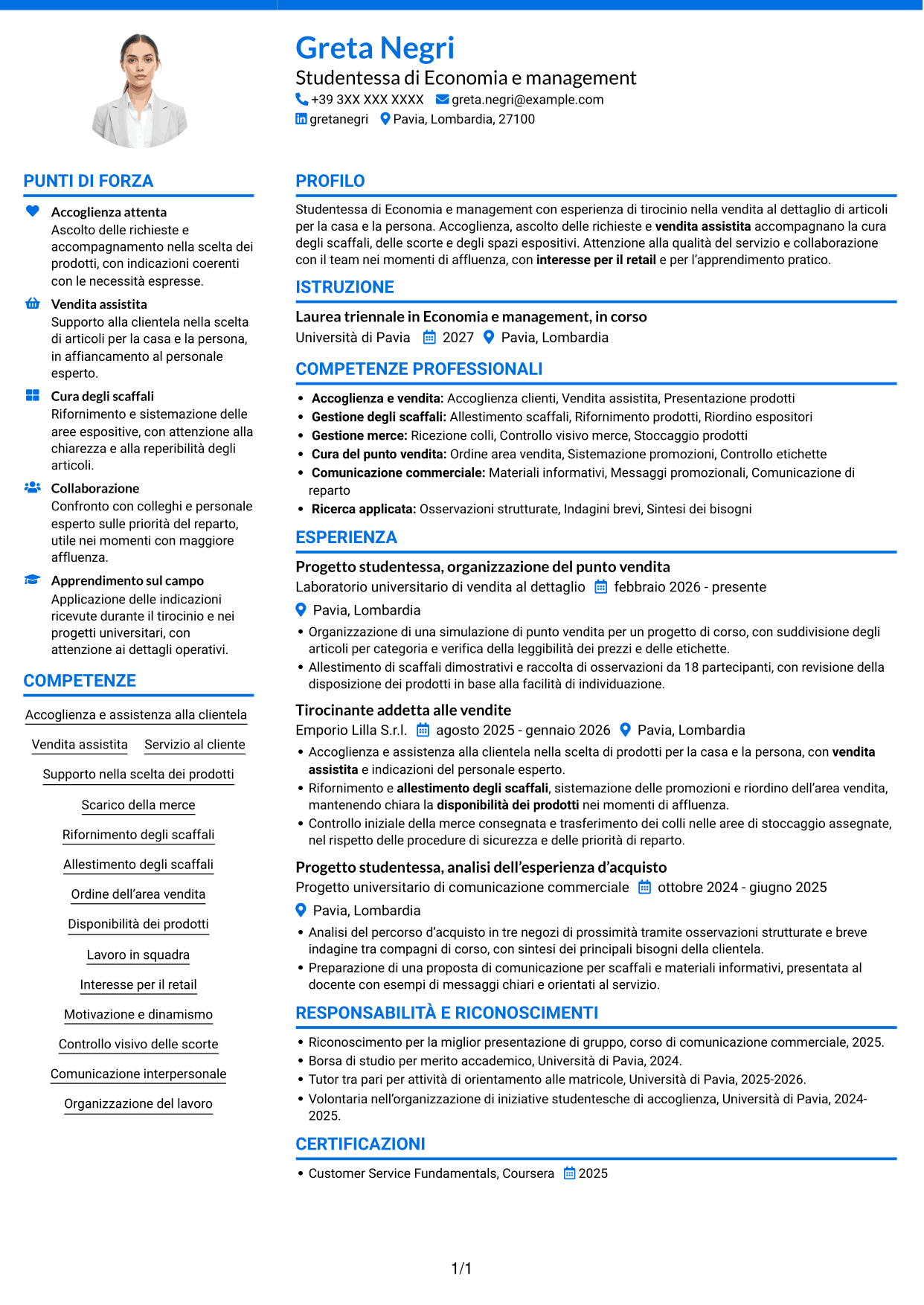 CV Audace (formato a due colonne con accenti colorati e foto): Addetto/a alle vendite - Cura della casa e della persona, pagina 1