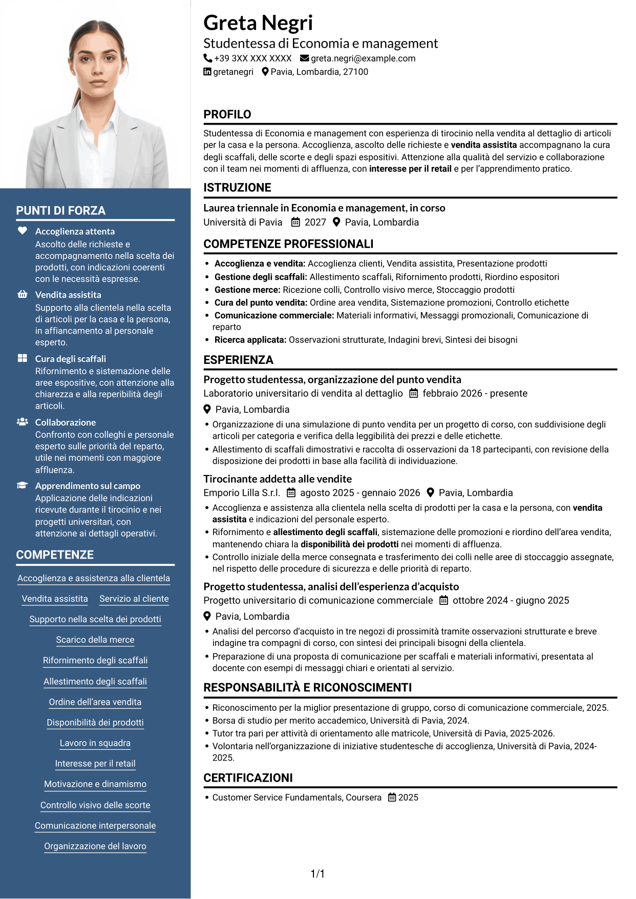 CV Signature (formato con colonna laterale colorata e foto grande): Addetto/a alle vendite - Cura della casa e della persona, pagina 1
