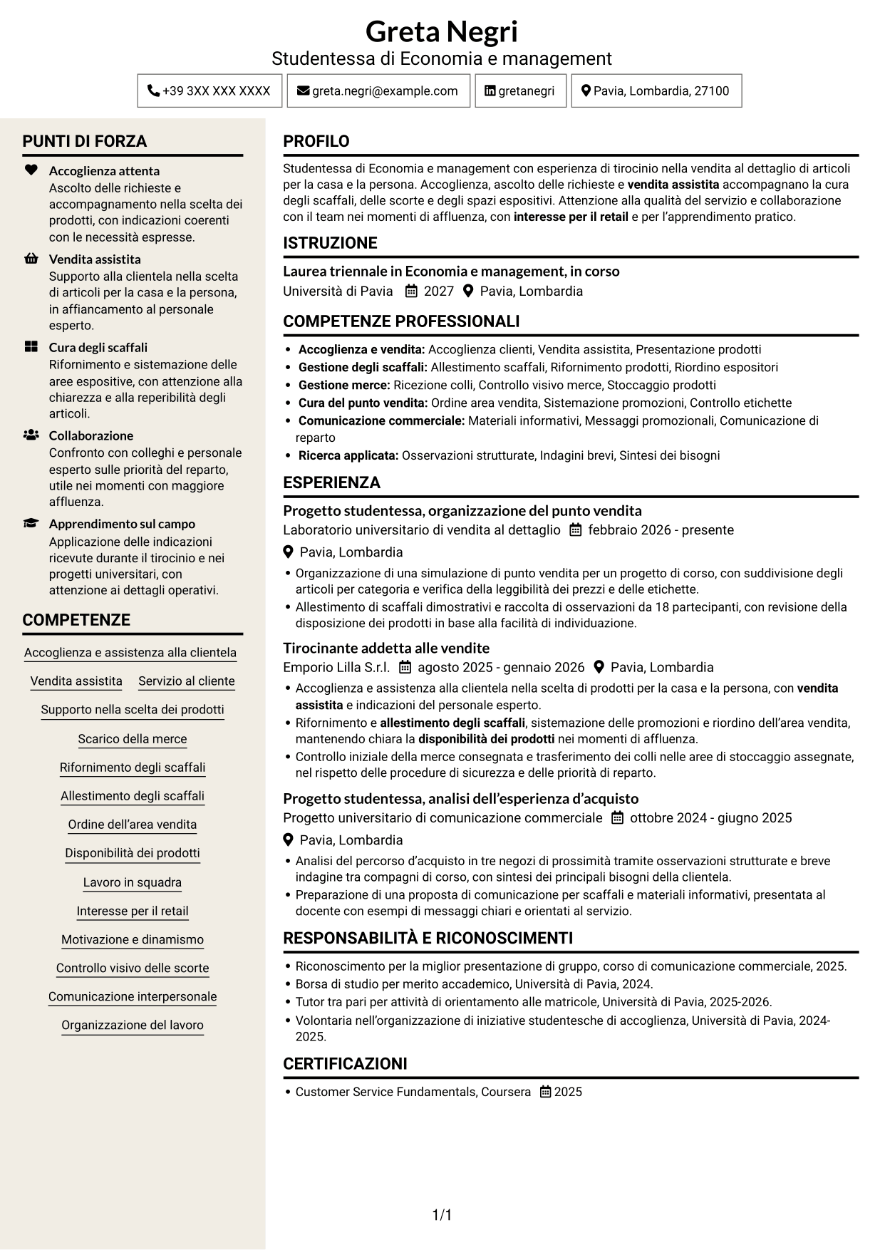 CV Intraprendente (formato a due colonne con intestazione centrata senza foto): Addetto/a alle vendite - Cura della casa e della persona, pagina 1