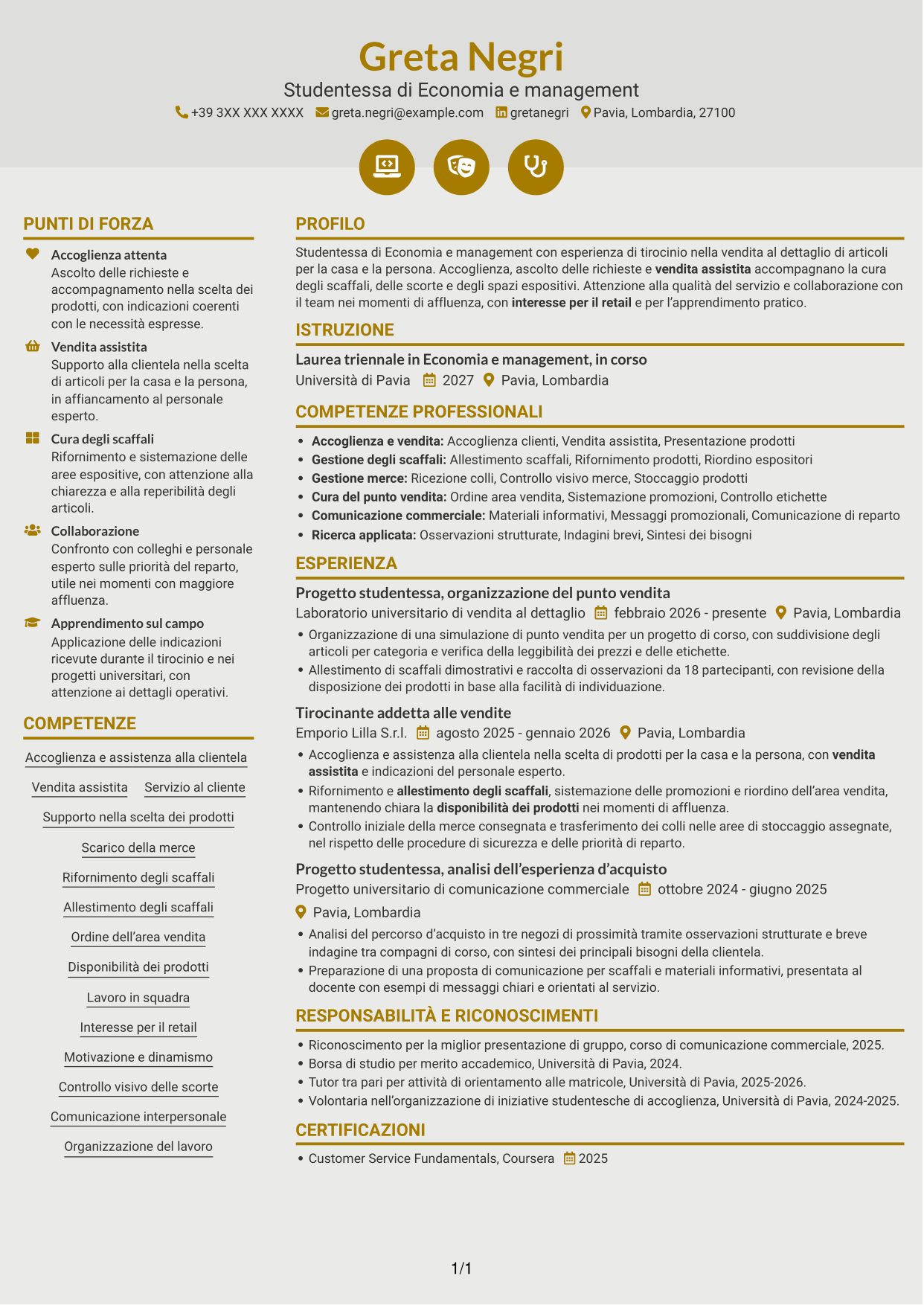 CV Dinamico (formato a due colonne con icone): Addetto/a alle vendite - Cura della casa e della persona, pagina 1