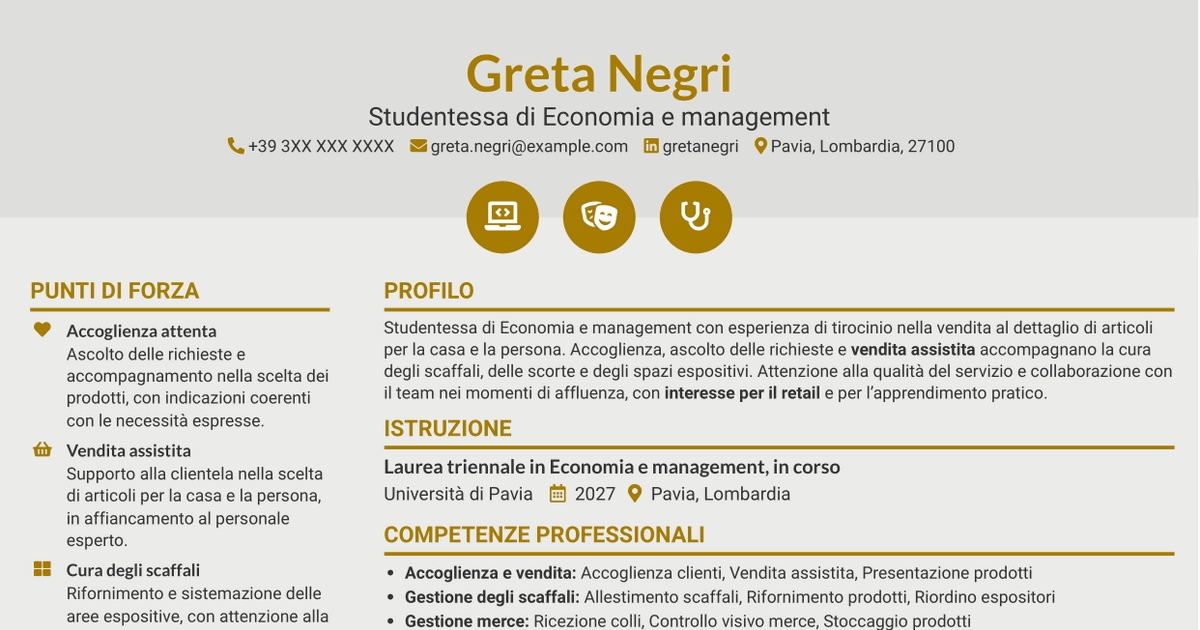 7 modelli di CV per Addetto/a alle vendite - Cura della casa e della persona, con esempi