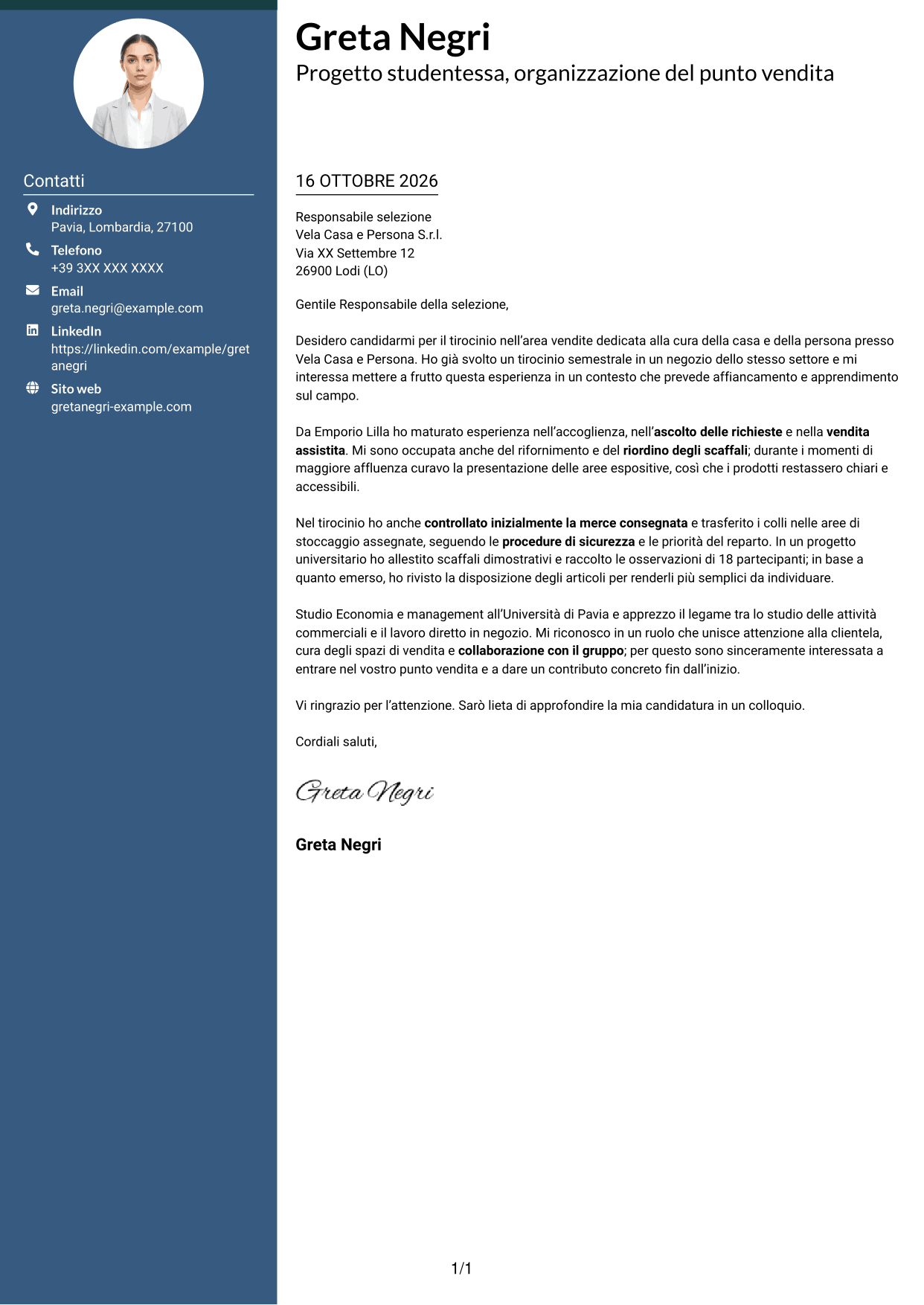 Lettera di presentazione Elegante (formato con colonna laterale colorata e foto): Addetto/a alle vendite - Cura della casa e della persona, pagina 1