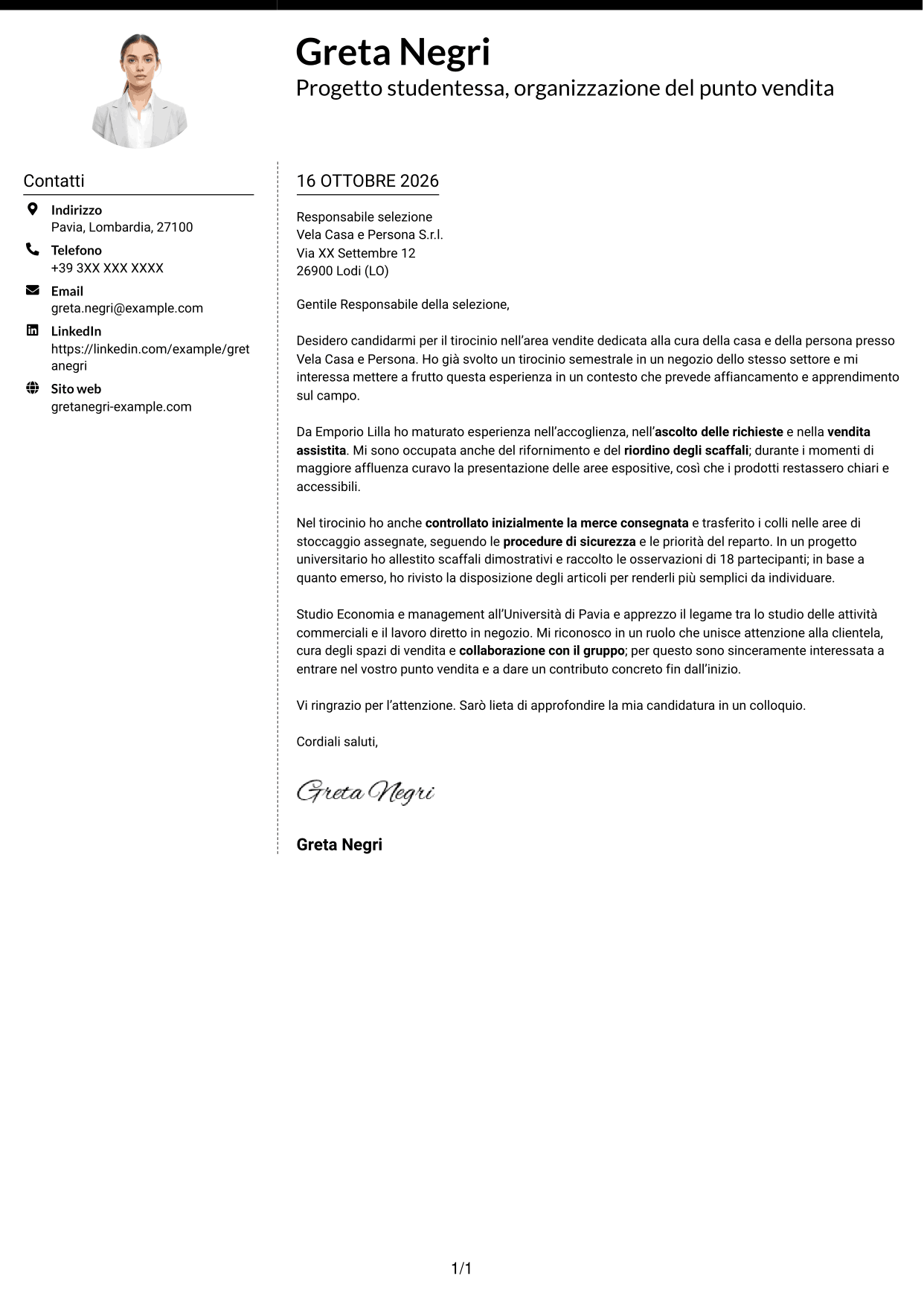 Lettera di presentazione Moderno (formato a due colonne con foto a sinistra e separatore): Addetto/a alle vendite - Cura della casa e della persona, pagina 1