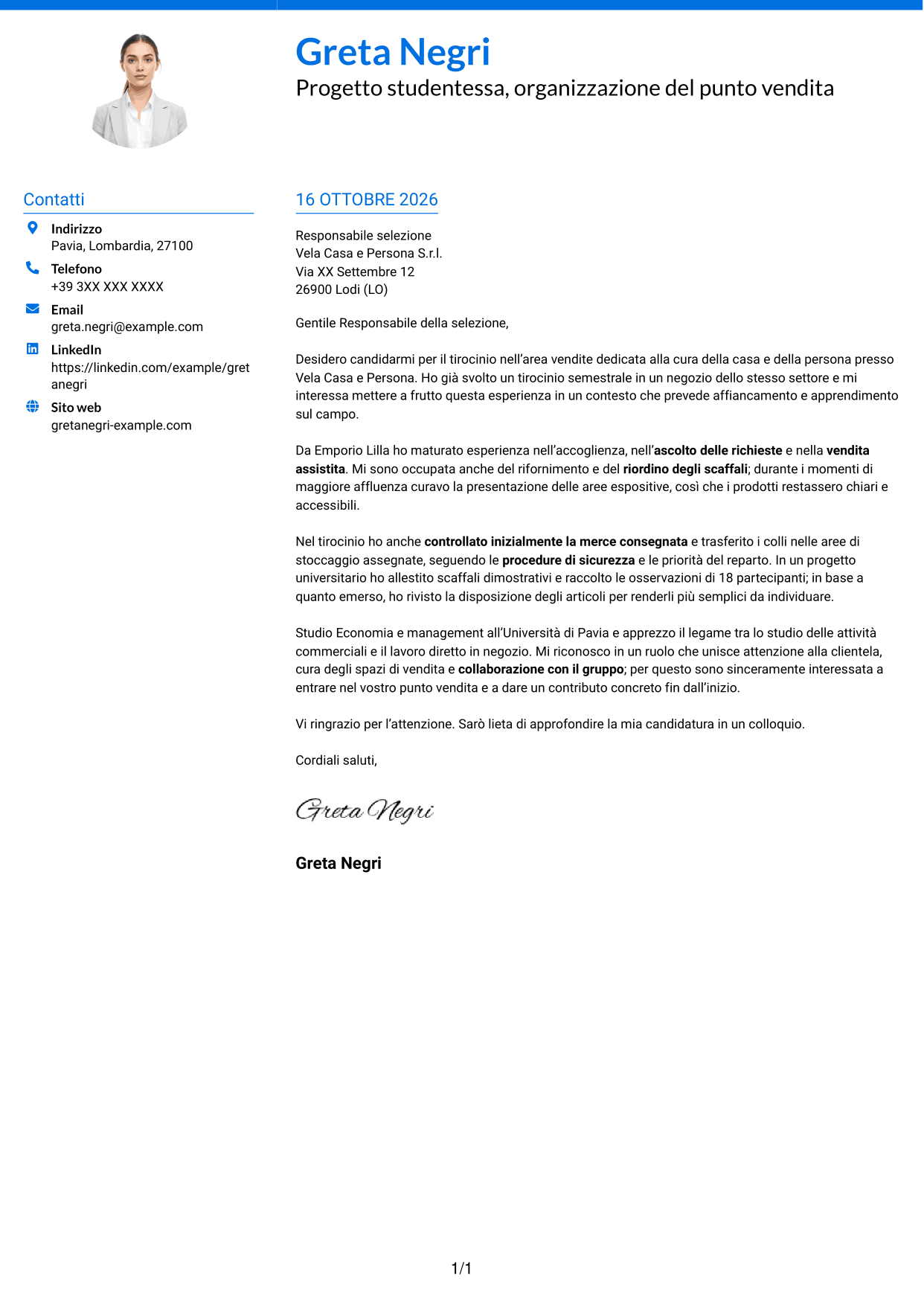 Lettera di presentazione Audace (formato a due colonne con accenti colorati e foto): Addetto/a alle vendite - Cura della casa e della persona, pagina 1