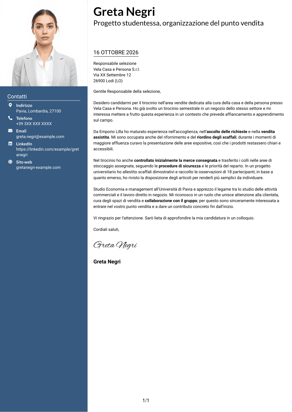 Lettera di presentazione Signature (formato con colonna laterale colorata e foto grande): Addetto/a alle vendite - Cura della casa e della persona, pagina 1