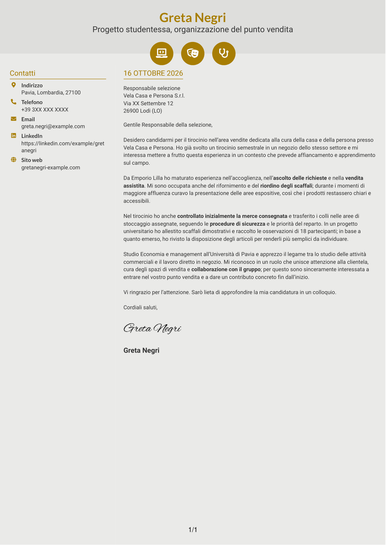 Lettera di presentazione Dinamico (formato a due colonne con icone): Addetto/a alle vendite - Cura della casa e della persona, pagina 1