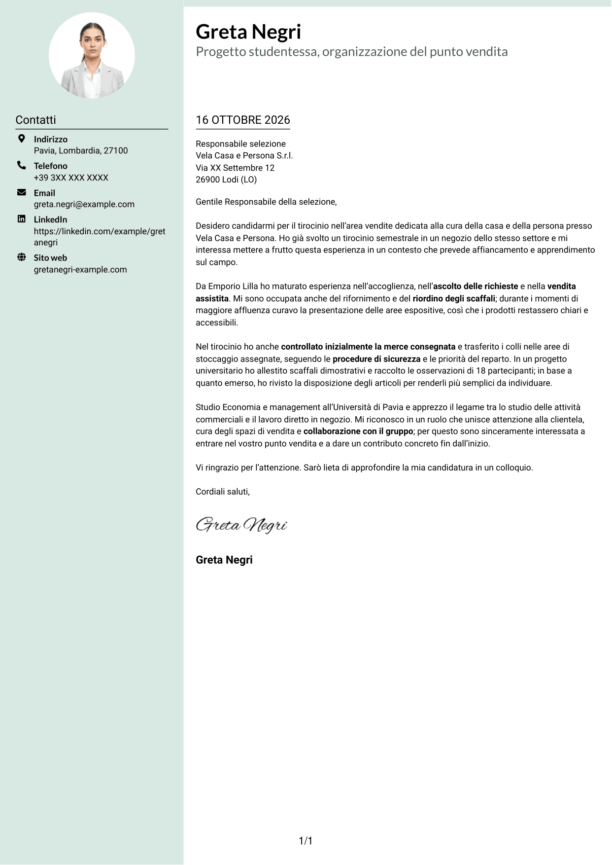Lettera di presentazione Dirigente (formato con colonna laterale tenue e foto arrotondata): Addetto/a alle vendite - Cura della casa e della persona, pagina 1