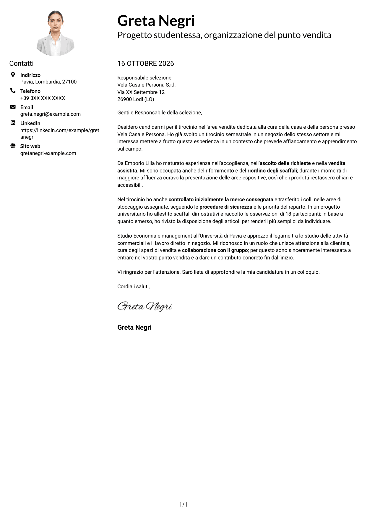 Esempio di lettera di presentazione — pagina 1
