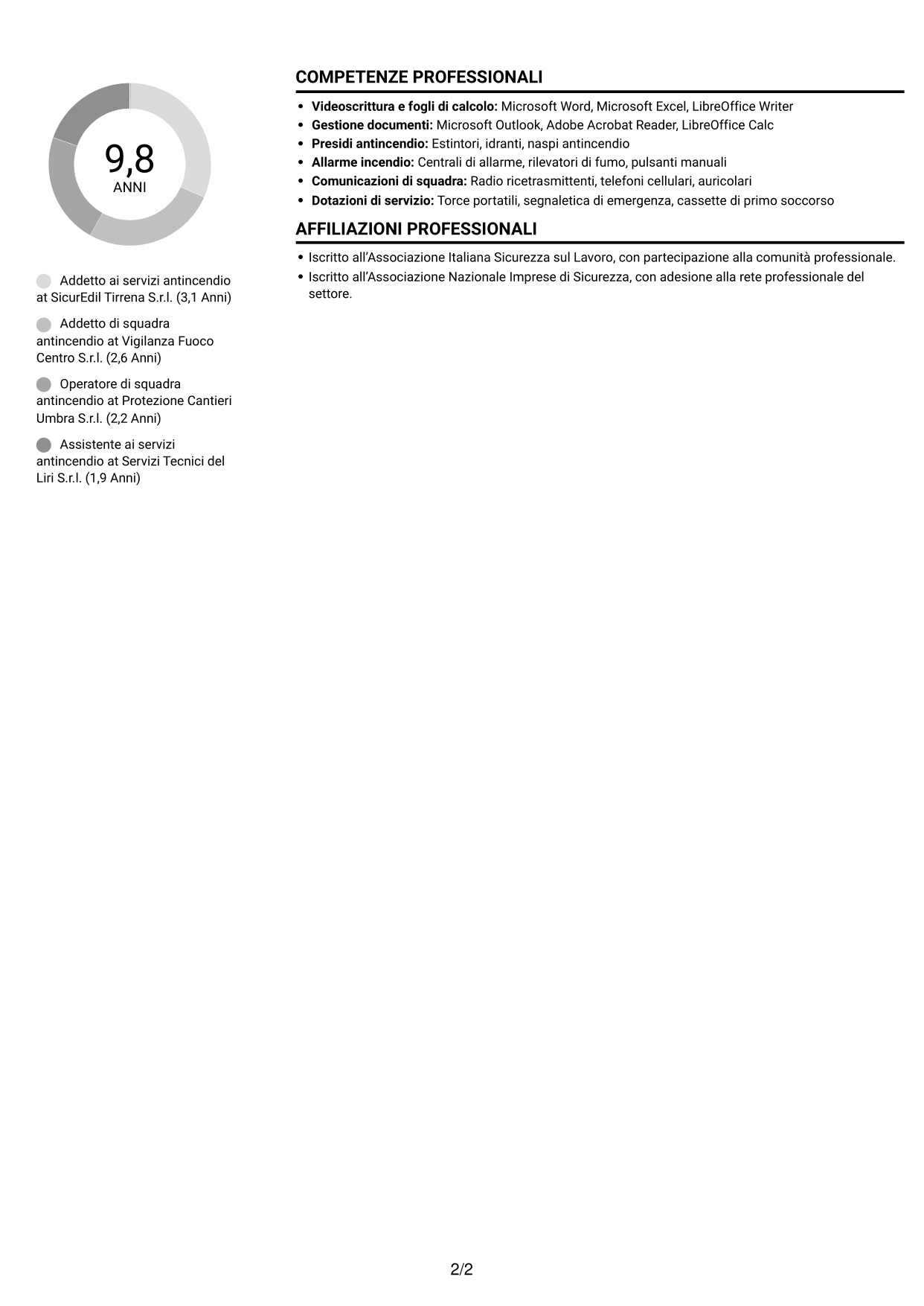 CV Compatto (formato sobrio a due colonne con foto): Addetto ai servizi antincendio, pagina 2