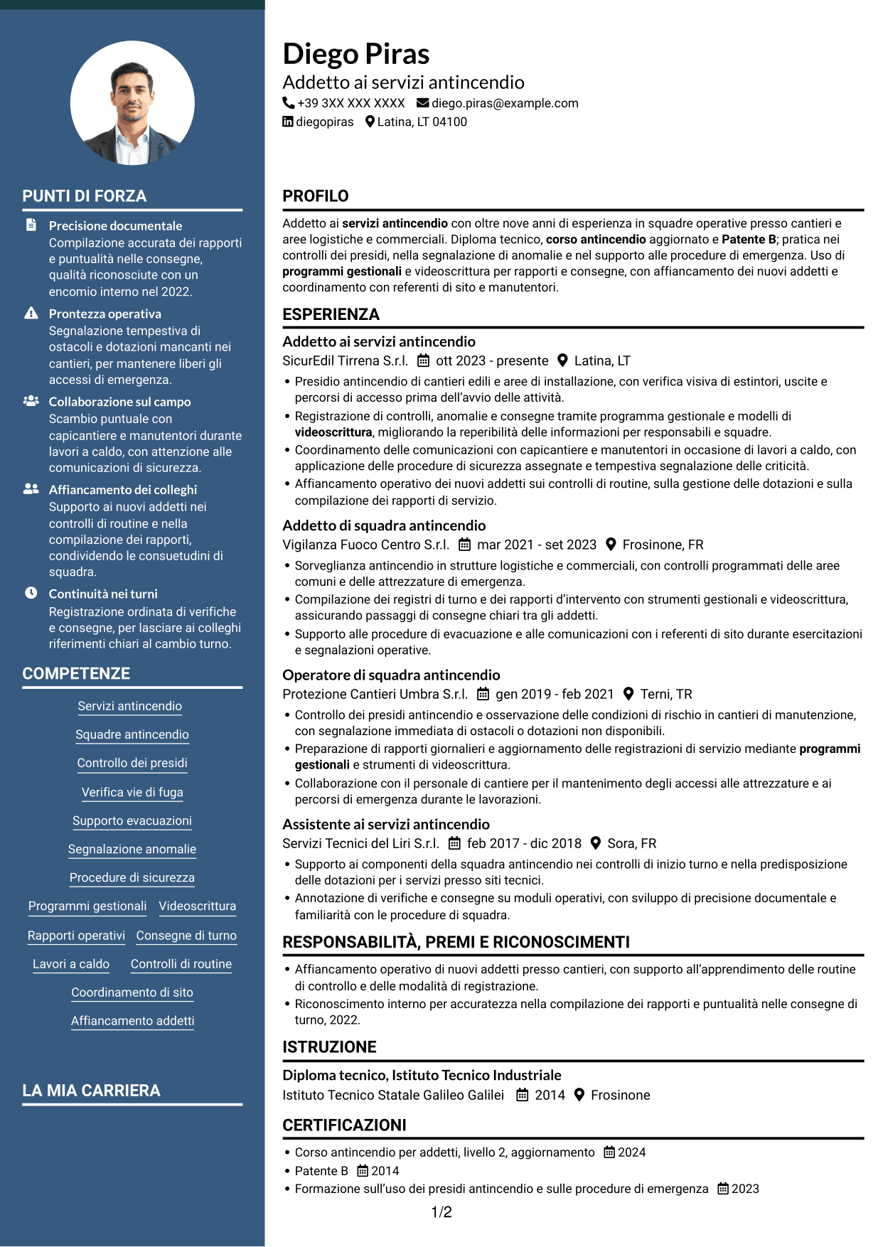 CV Elegante (formato con colonna laterale colorata e foto): Addetto ai servizi antincendio, pagina 1