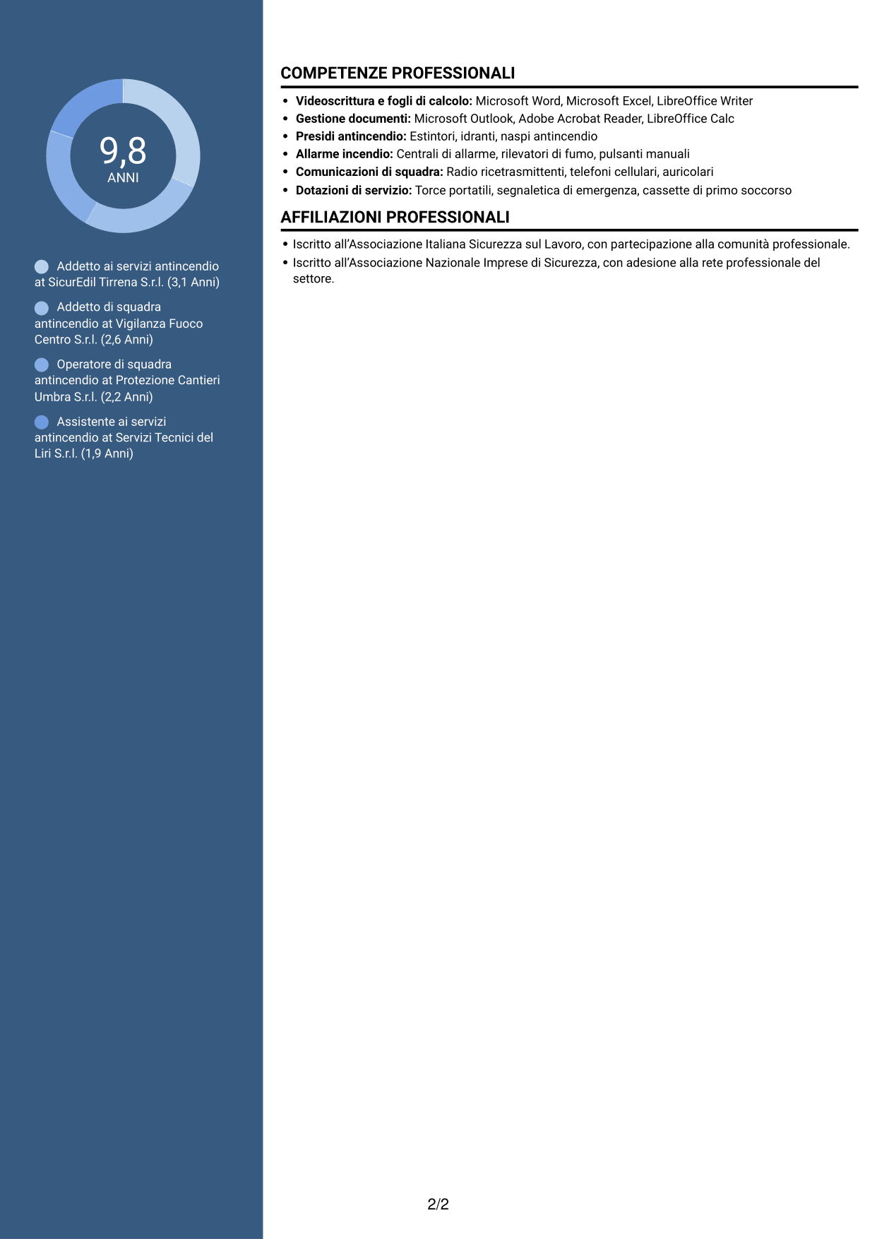CV Elegante (formato con colonna laterale colorata e foto): Addetto ai servizi antincendio, pagina 2