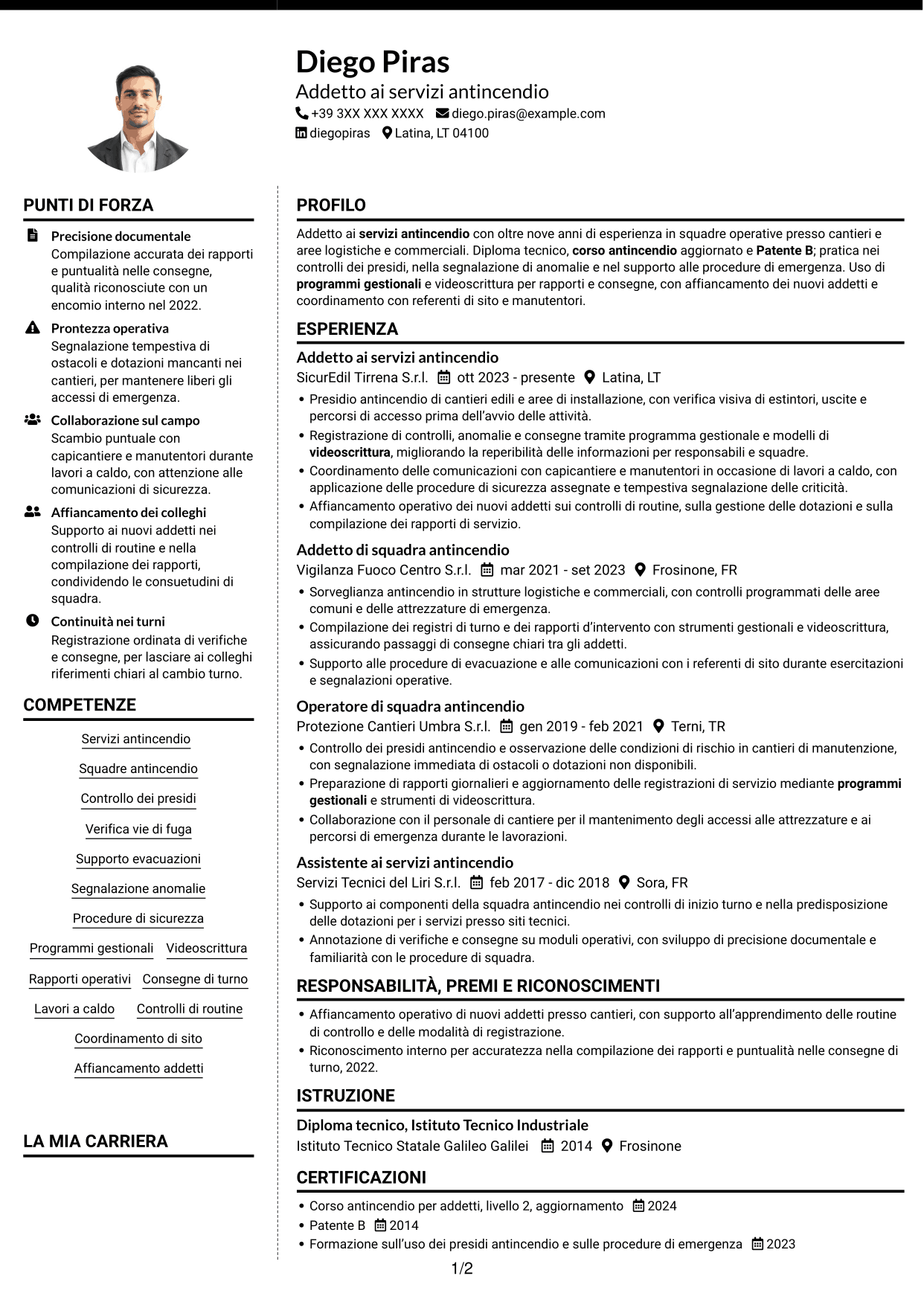 CV Moderno (formato a due colonne con foto a sinistra e separatore): Addetto ai servizi antincendio, pagina 1