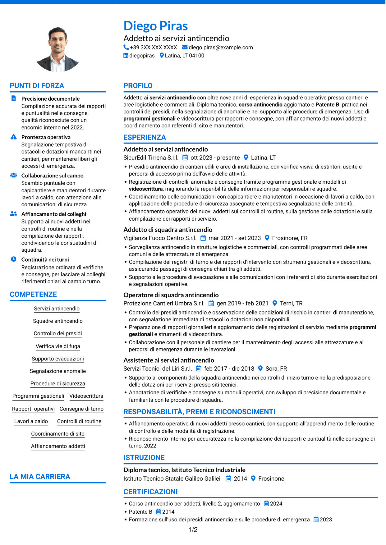 CV Audace (formato a due colonne con accenti colorati e foto): Addetto ai servizi antincendio, pagina 1