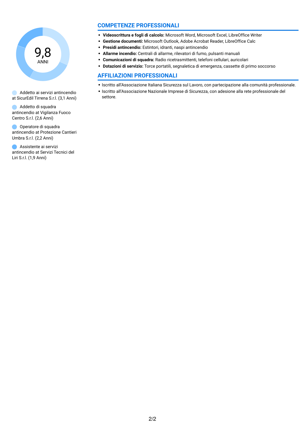CV Audace (formato a due colonne con accenti colorati e foto): Addetto ai servizi antincendio, pagina 2
