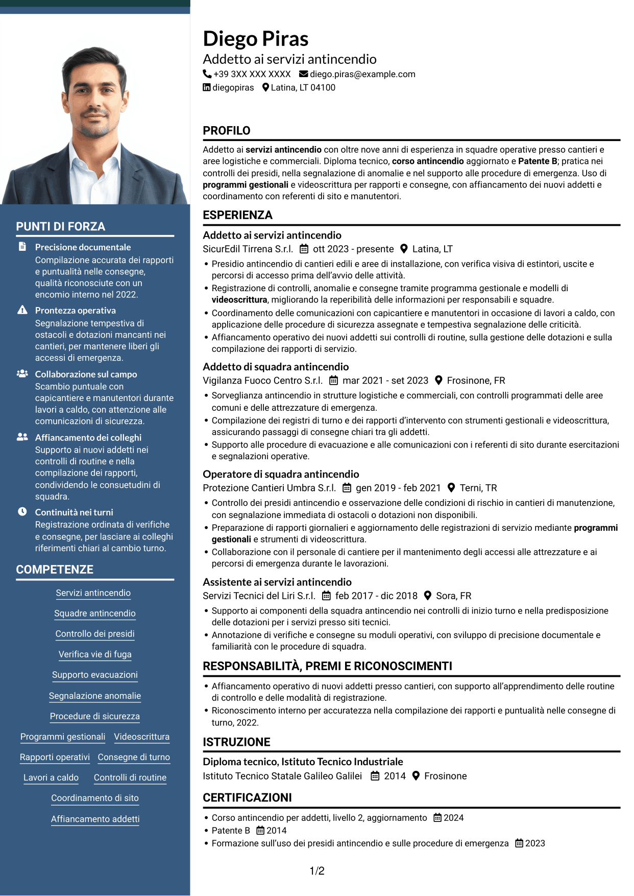 CV Signature (formato con colonna laterale colorata e foto grande): Addetto ai servizi antincendio, pagina 1