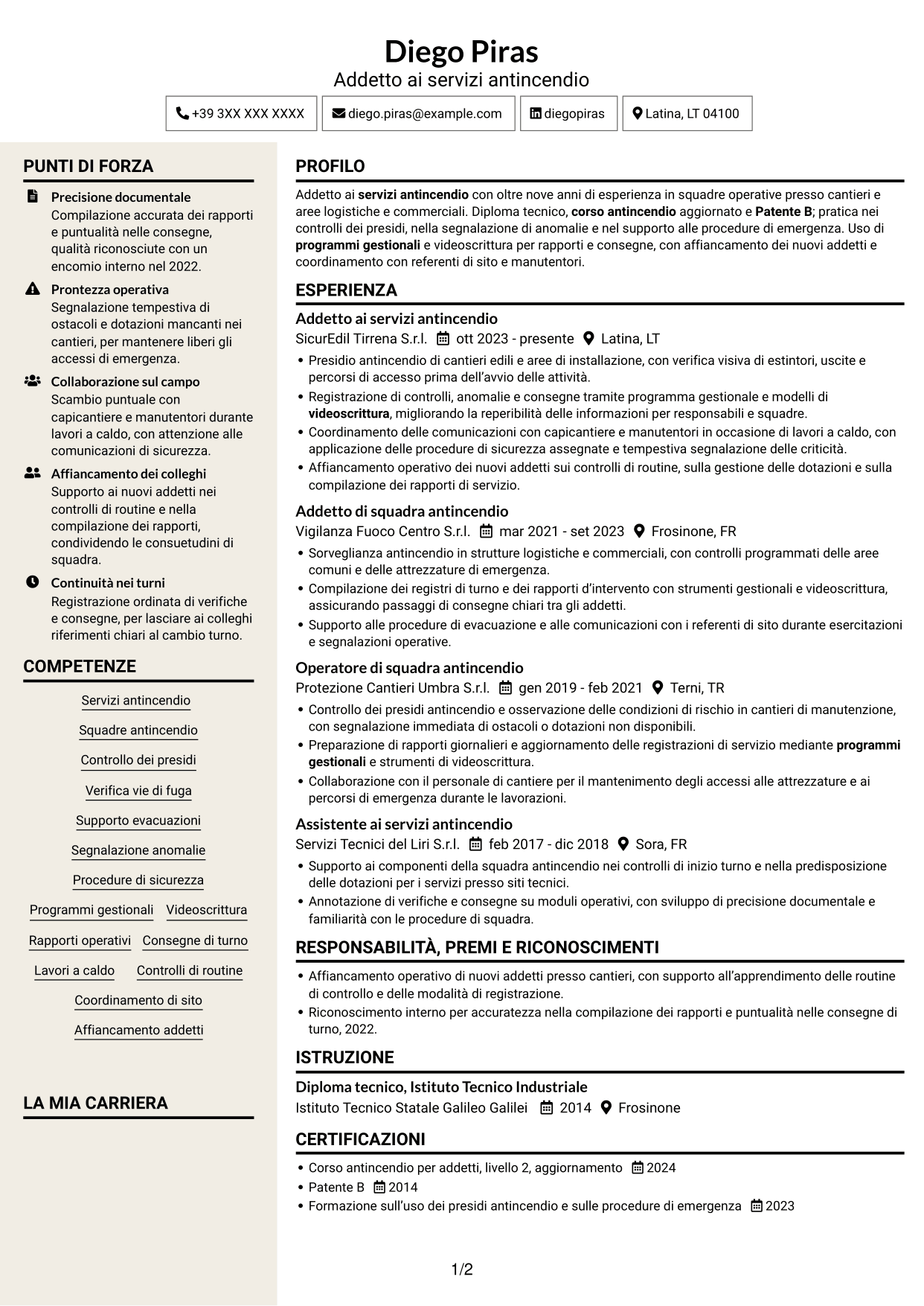 CV Intraprendente (formato a due colonne con intestazione centrata senza foto): Addetto ai servizi antincendio, pagina 1
