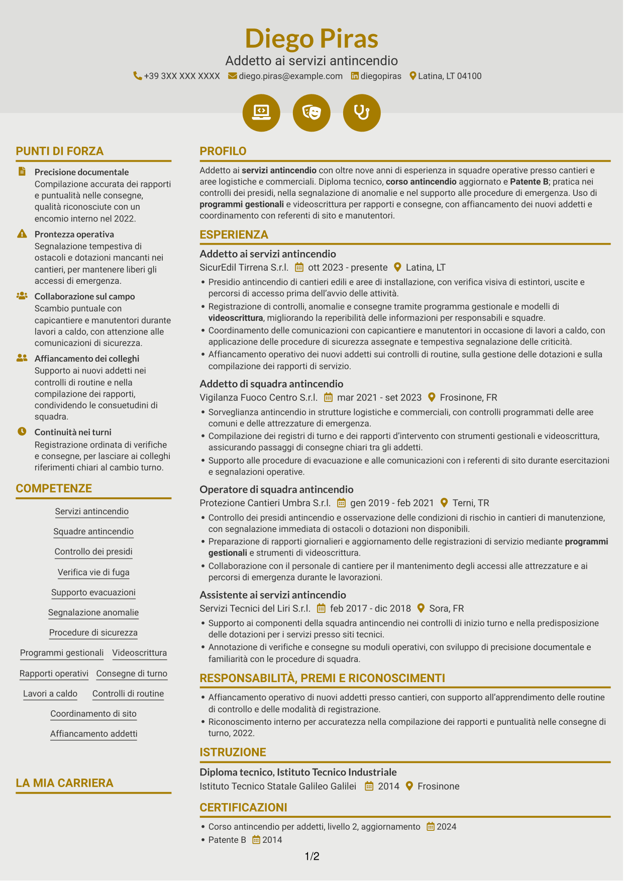 CV Dinamico (formato a due colonne con icone): Addetto ai servizi antincendio, pagina 1