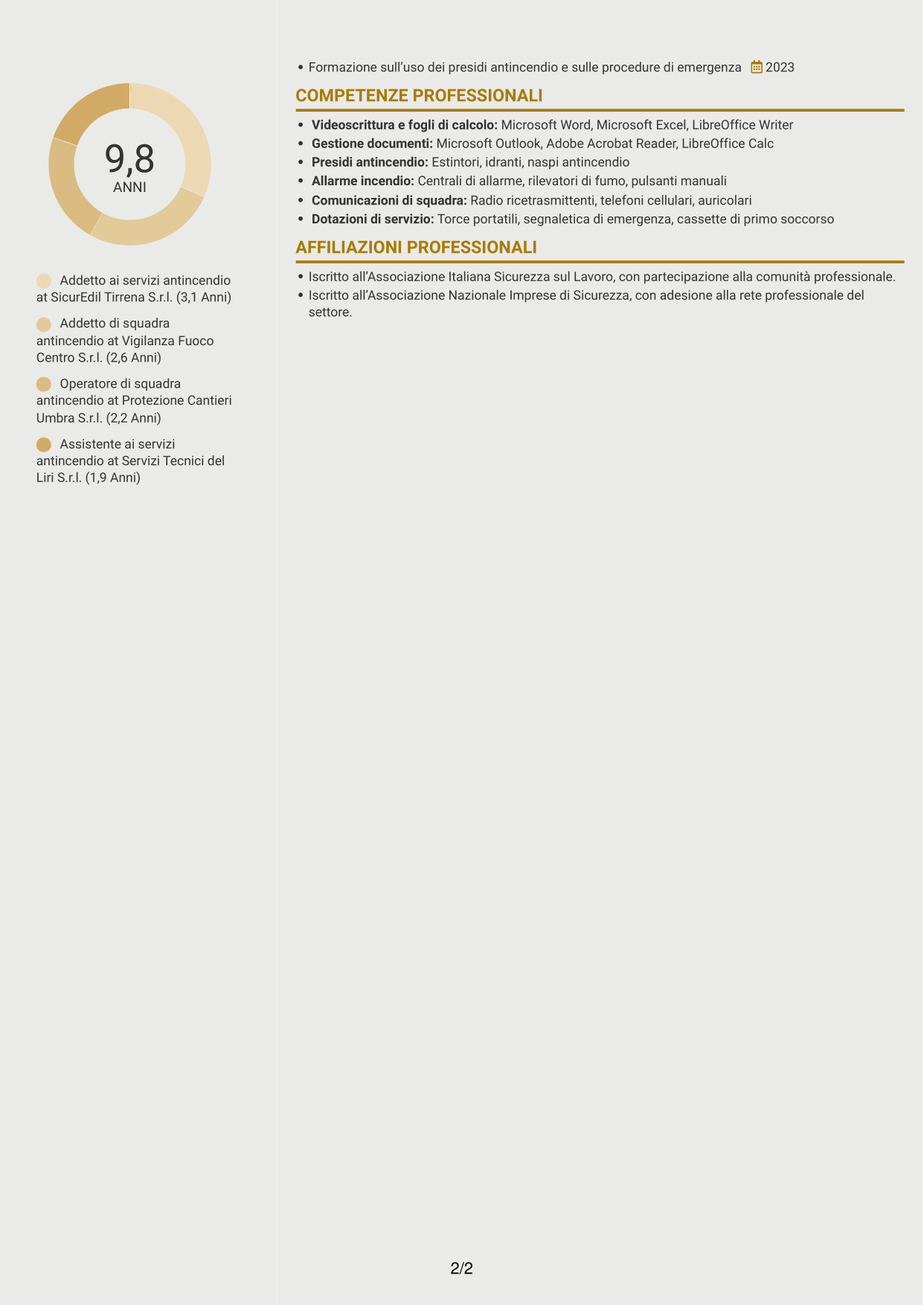 CV Dinamico (formato a due colonne con icone): Addetto ai servizi antincendio, pagina 2