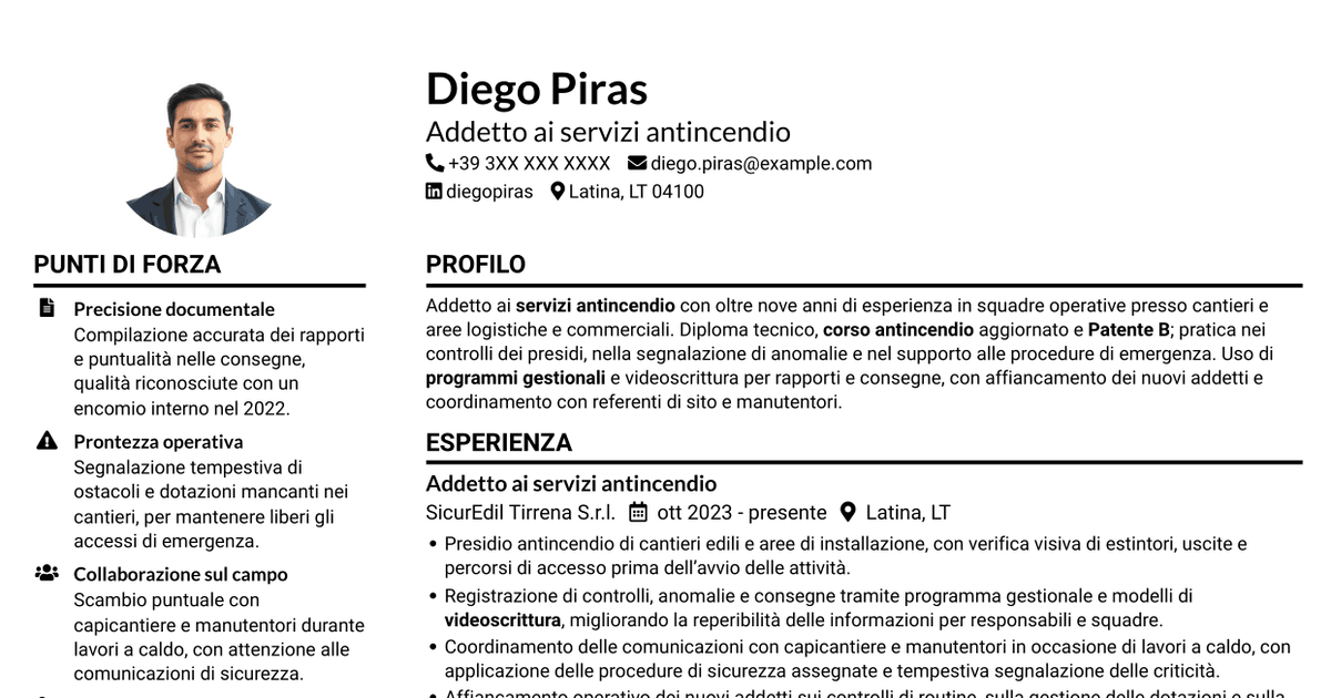 7 modelli di CV per Addetto ai servizi antincendio, con esempi