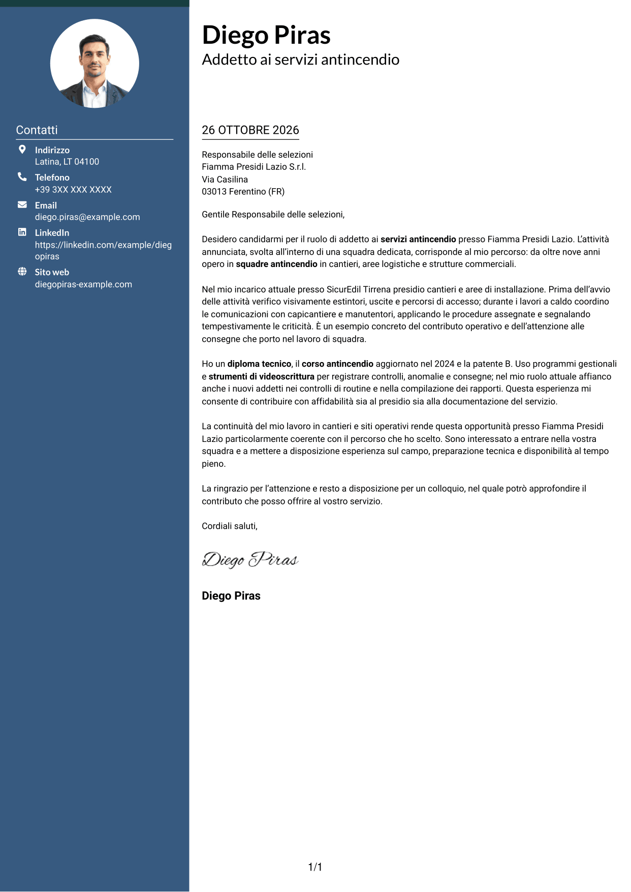 Lettera di presentazione Elegante (formato con colonna laterale colorata e foto): Addetto ai servizi antincendio, pagina 1