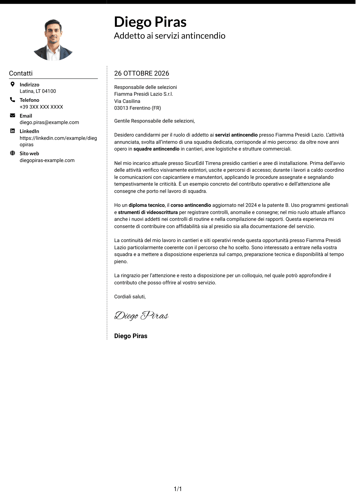 Lettera di presentazione Moderno (formato a due colonne con foto a sinistra e separatore): Addetto ai servizi antincendio, pagina 1
