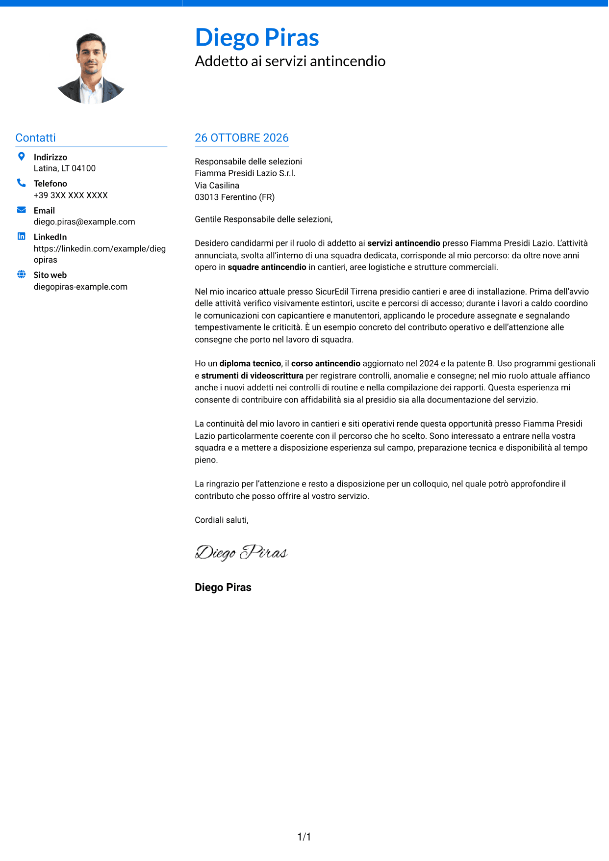 Lettera di presentazione Audace (formato a due colonne con accenti colorati e foto): Addetto ai servizi antincendio, pagina 1