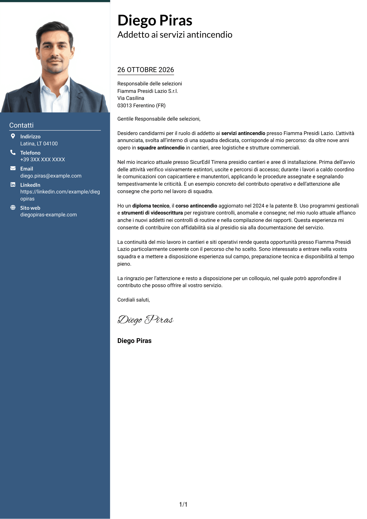 Lettera di presentazione Signature (formato con colonna laterale colorata e foto grande): Addetto ai servizi antincendio, pagina 1